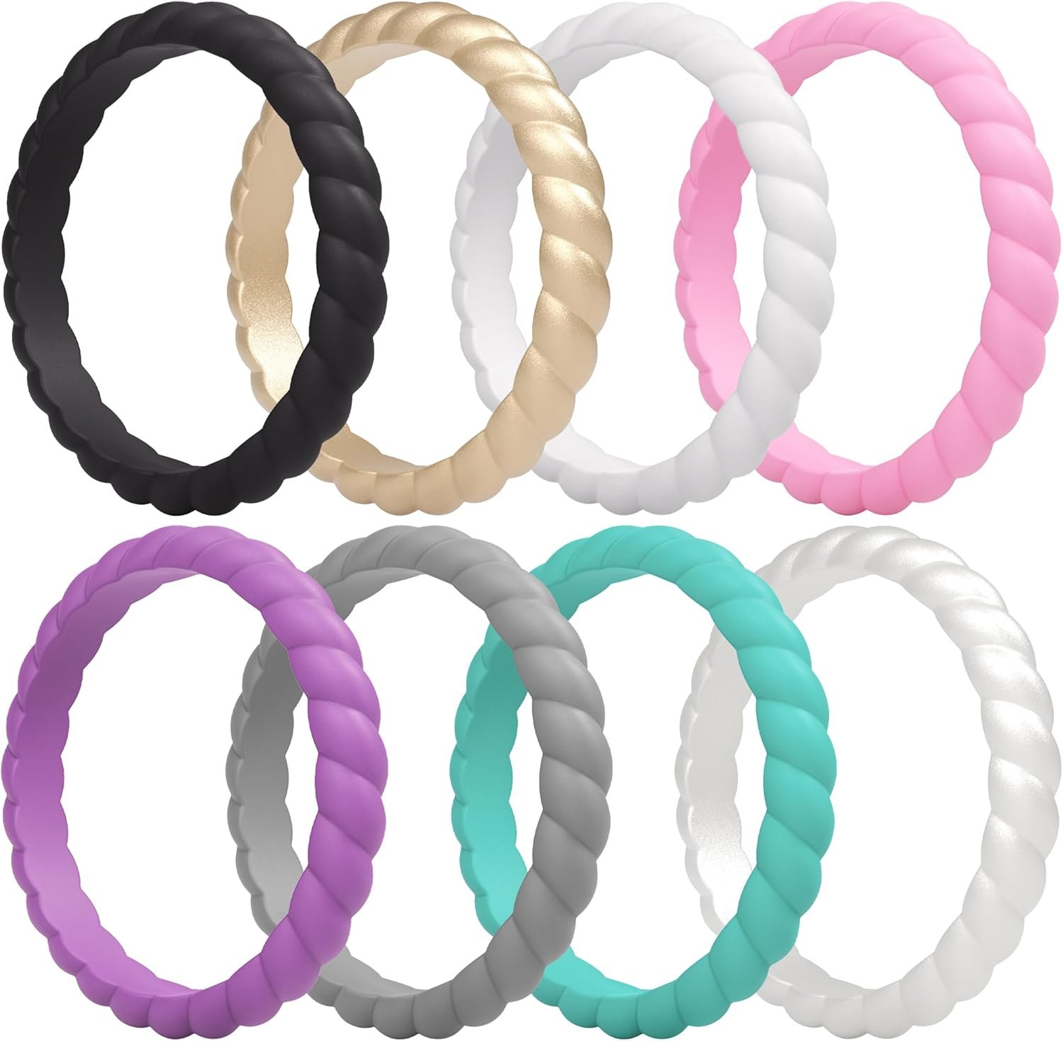 ThunderFit Thin Braided Silicone Wedding Bands for Women, Rubber Engagement Rings 3.5mm Wide 2mm Thick – 1/4/8/10/12/16 Variety Multipack