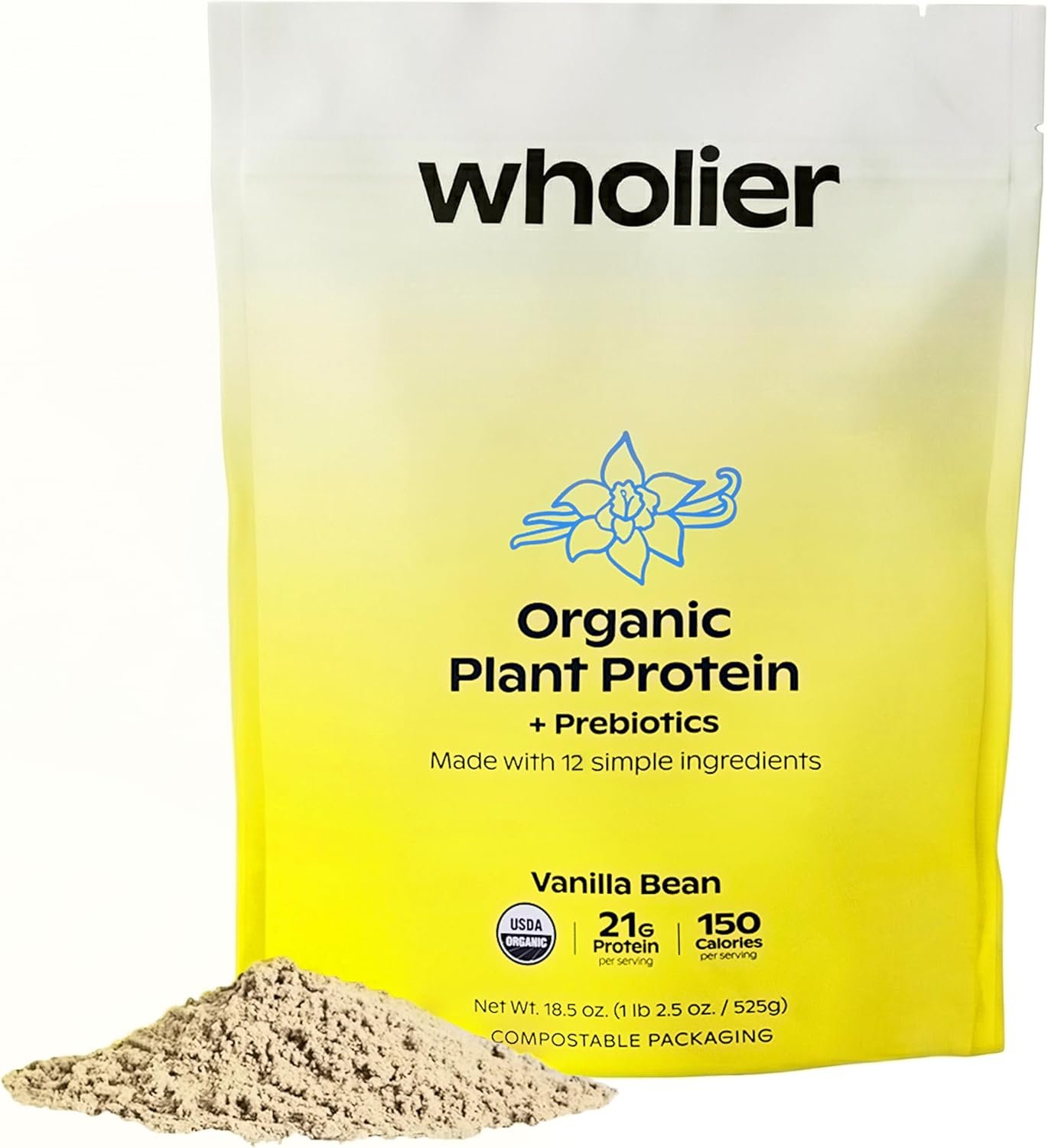 wholier Organic Plant Protein Powder + Prebiotics & Amino Acids, 21g Vanilla Protein Powder, USDA Organic, Gut Health Support, Vegan, Gluten Free, No Fillers, Vanilla Bean, 14 Servings