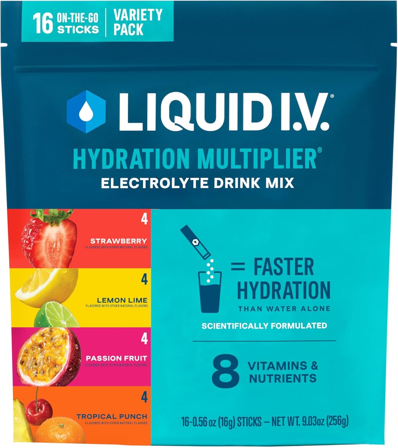 Liquid I.V.® Hydration Multiplier – Variety Pack – Lemon Lime, Passion Fruit, Strawberry, Tropical Punch | Electrolyte Powder Drink Mix | 1 Pack (16 Servings)
