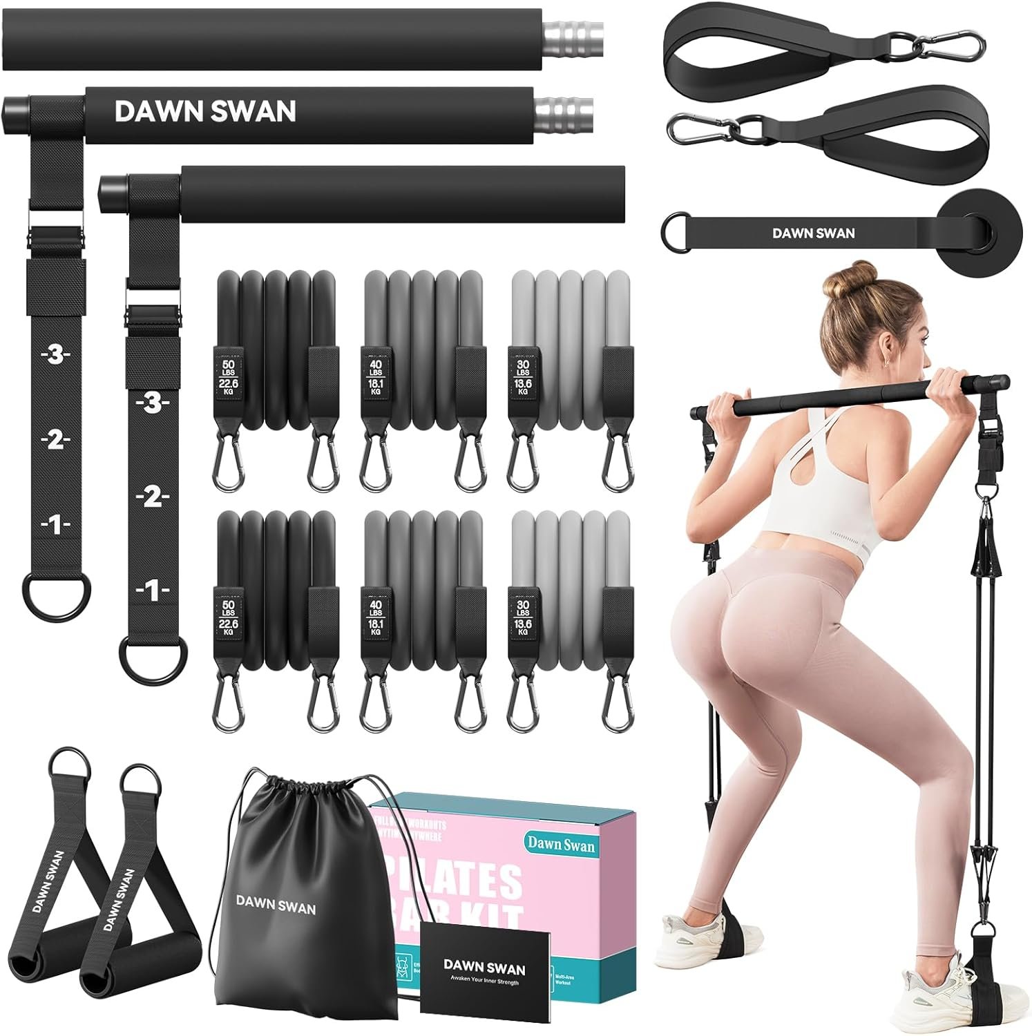 Pilates Bar Kit with Resistance Bands – Adjustable Home Gym Workout Equipment for Women & Men – Portable Pilates Equipment for Squats, Yoga & Full Body Toning