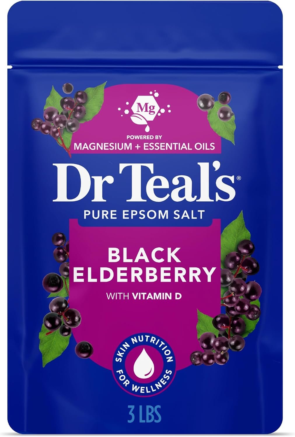 Dr Teal’s Epsom Salt Magnesium Soak, Black Elderberry with Vitamin D, 3 lbs