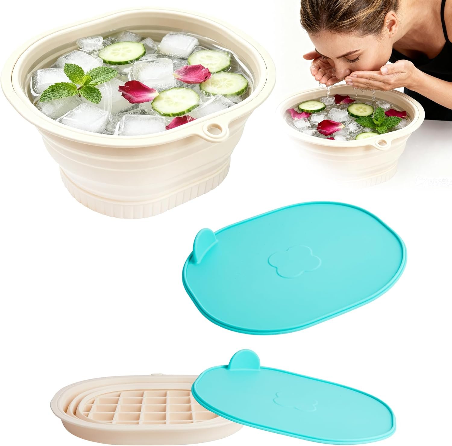 Upgrade Face Bowl for Ice with Built-In Ice Tray Collapsible Silicone Ice Bath Basin with Cover Portable Home Spa Tools for Home or Travel