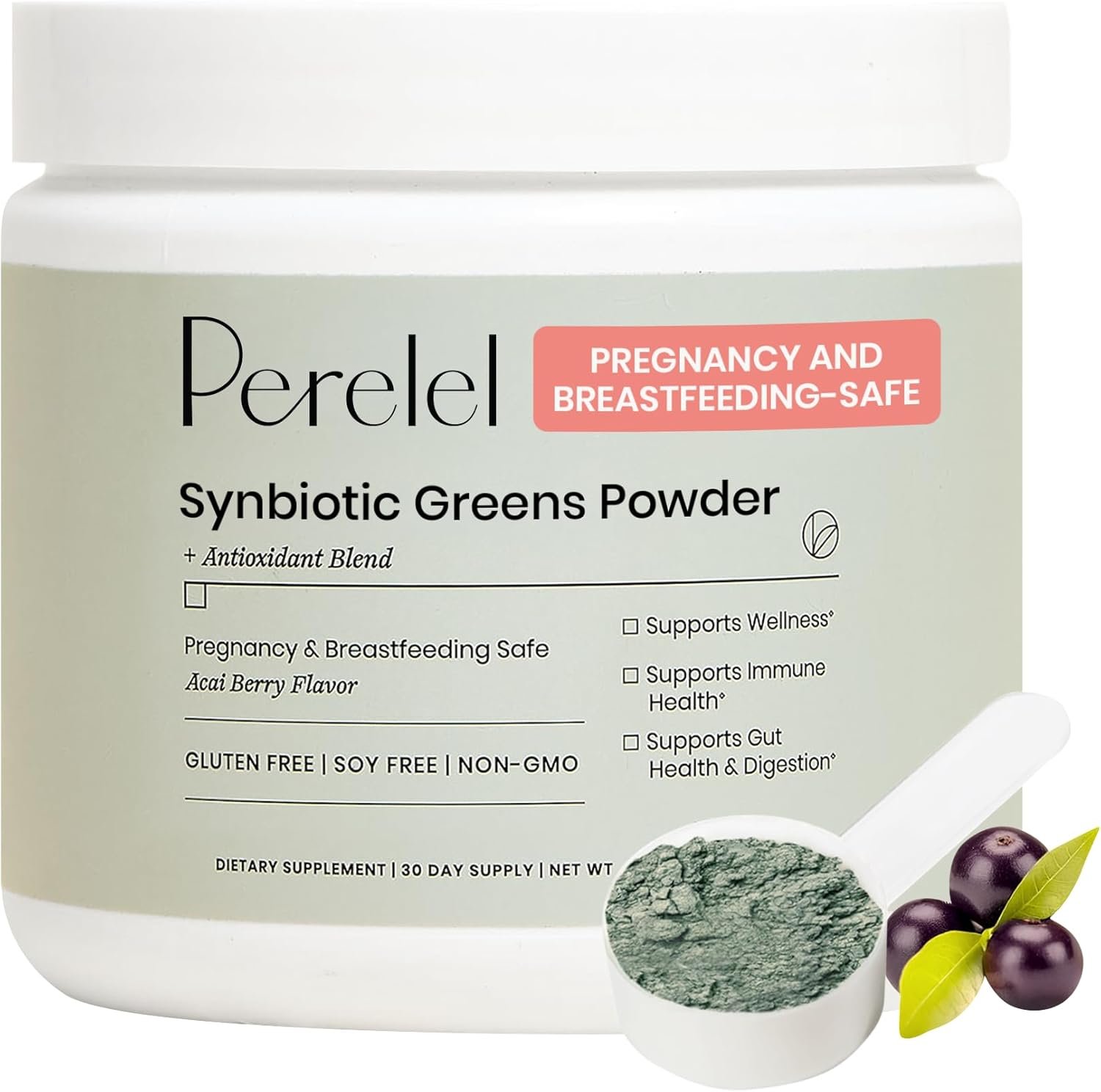 Perelel Synbiotic Greens Powder, Superfood Blend with Fruits, Vegetables, Probiotics, Fiber, Spirulina & Chlorella, Daily Greens Supplement, Soy & Gluten Free, Non GMO, Acai Berry Flavor, 30 Servings