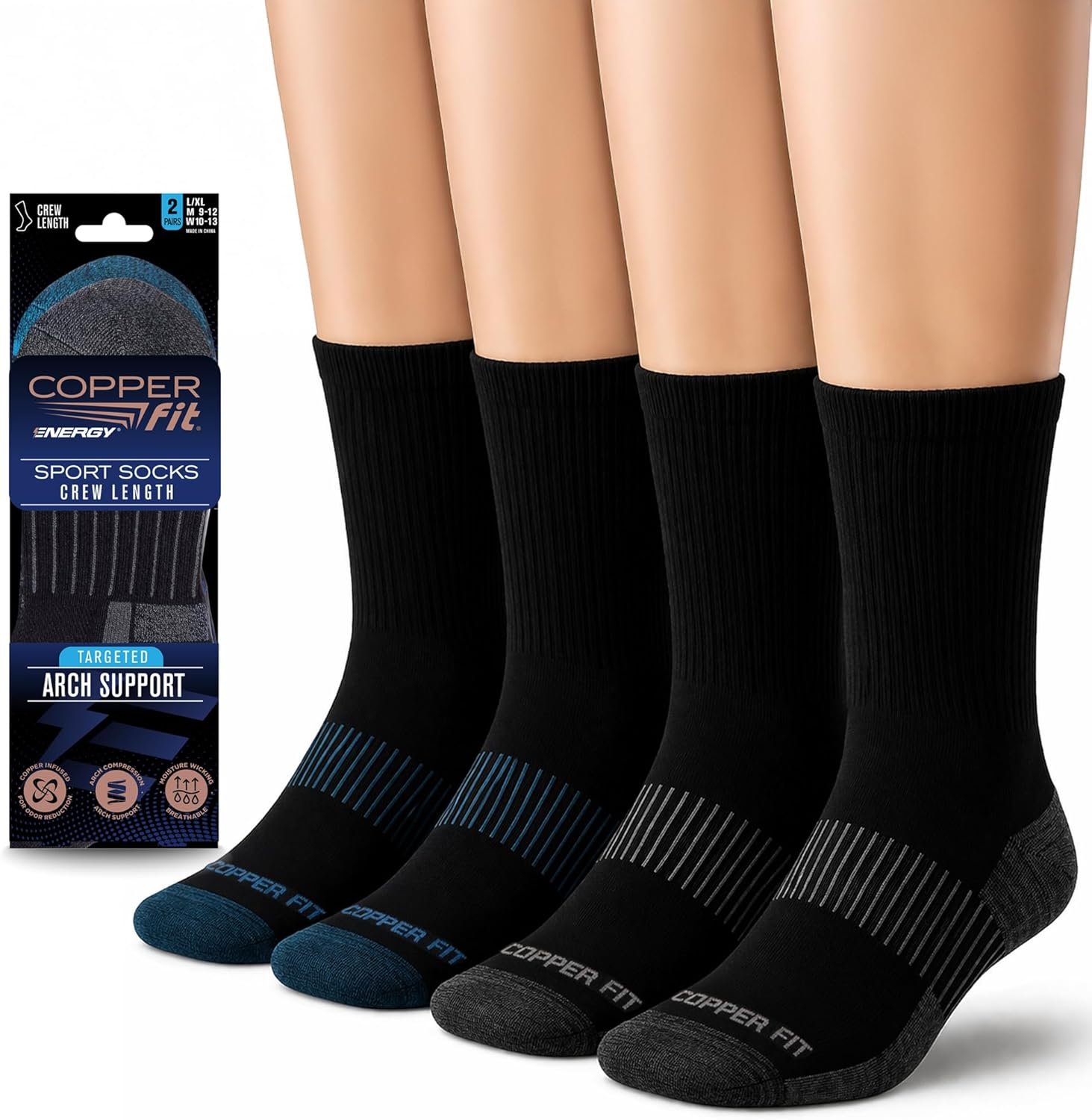 Copper Fit Unisex Crew Length Sport Socks, 2 Pair