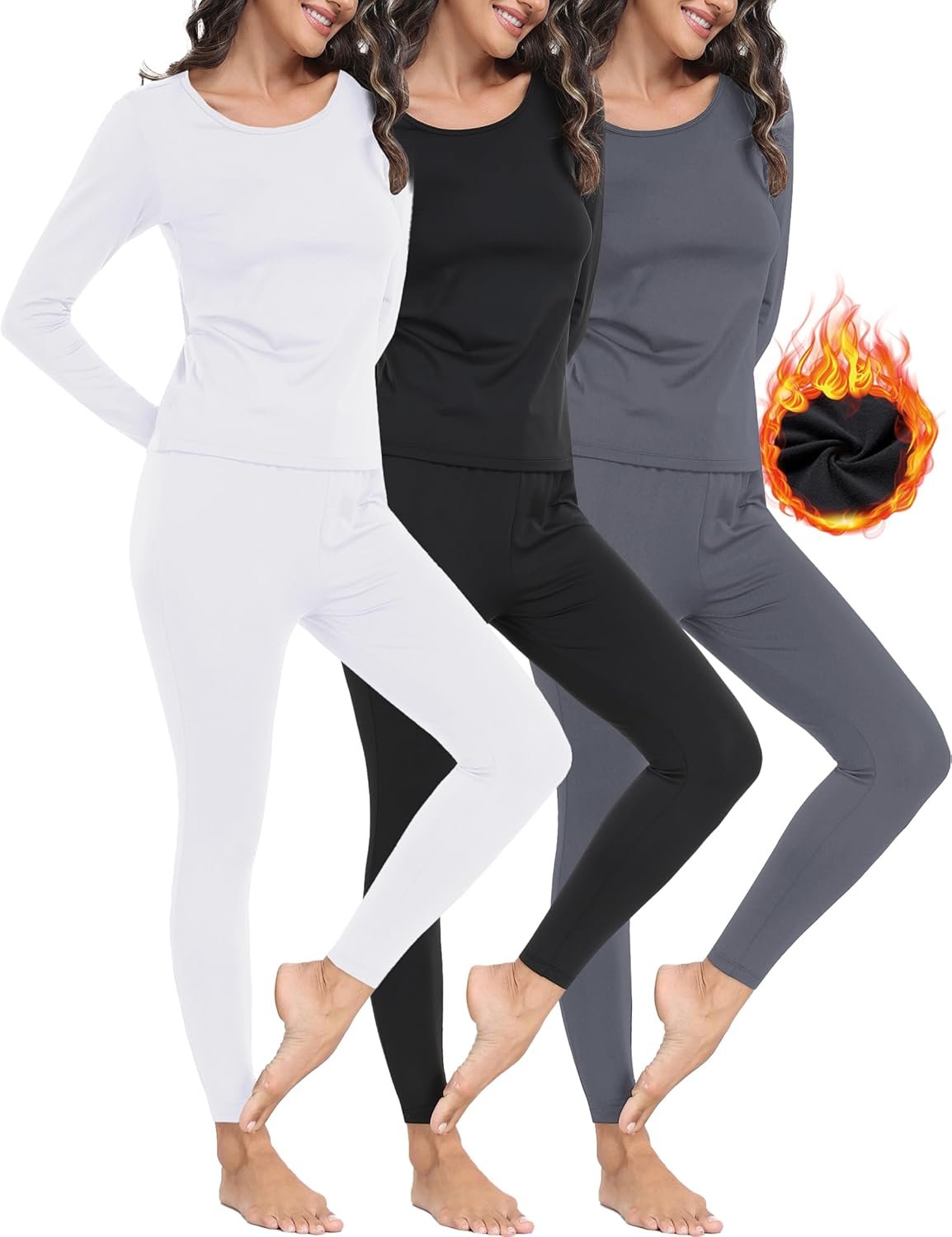 3 Sets Thermal Underwear for Women Set Long Johns Fleece Lined Soft Cold Weather Warm Base Layer Winter Top Bottom