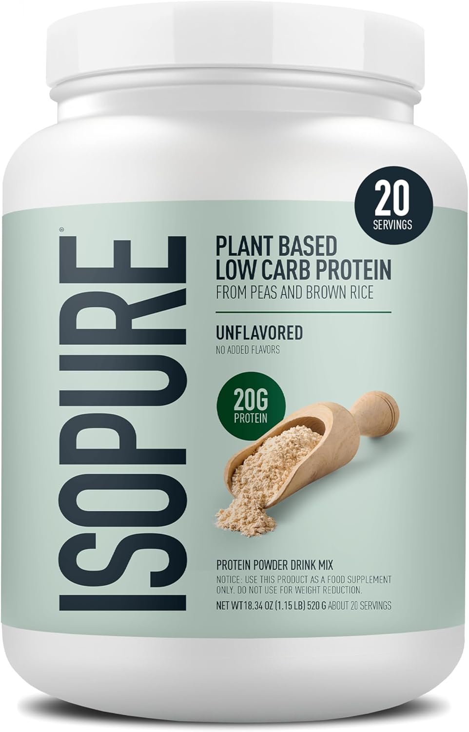 Isopure Plant-Based Protein Powder – 20g Organic Pea and Rice Protein with a Complete Amino Acid Profile – Supports Muscle Recovery & Lean Nutrition, Unflavored, 20 Servings