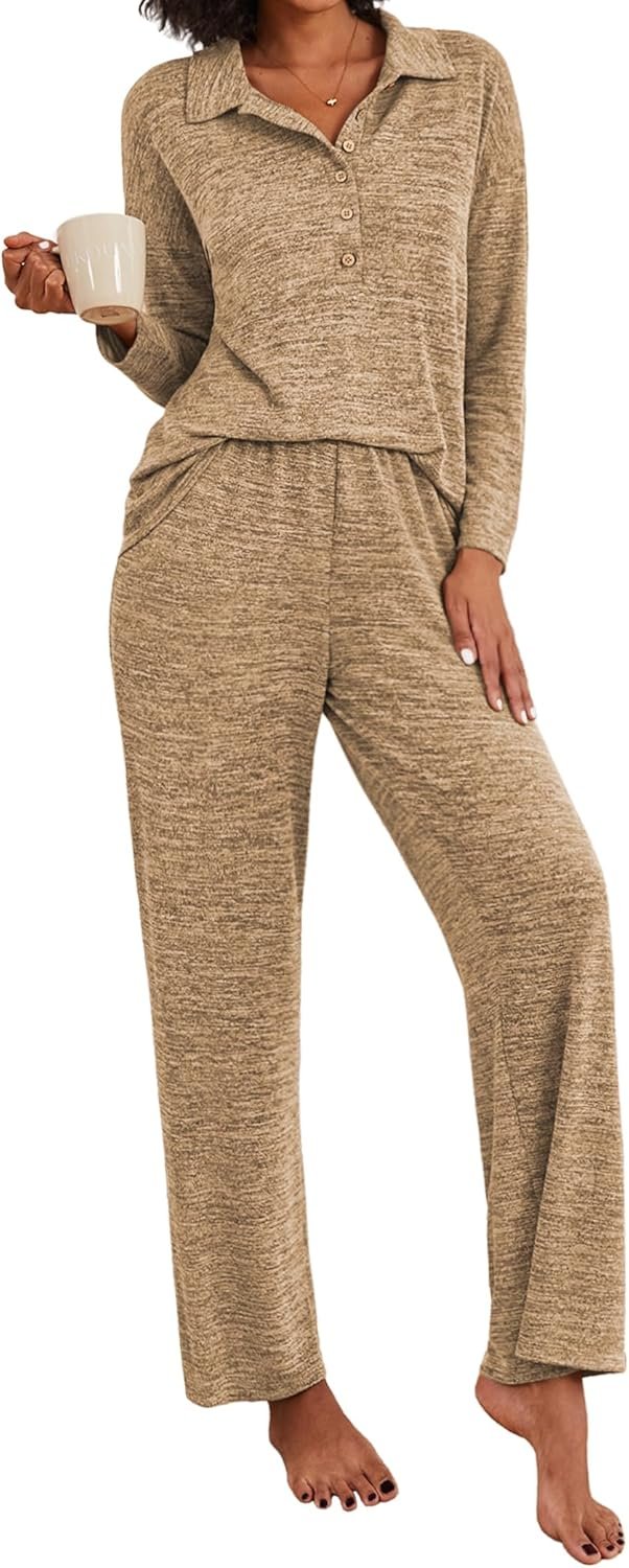 Ekouaer Women’s Pajamas Set 2 Piece Knit Long Sleeve Button Down Sleepwear Soft Pjs Lounge Sets S-XXL