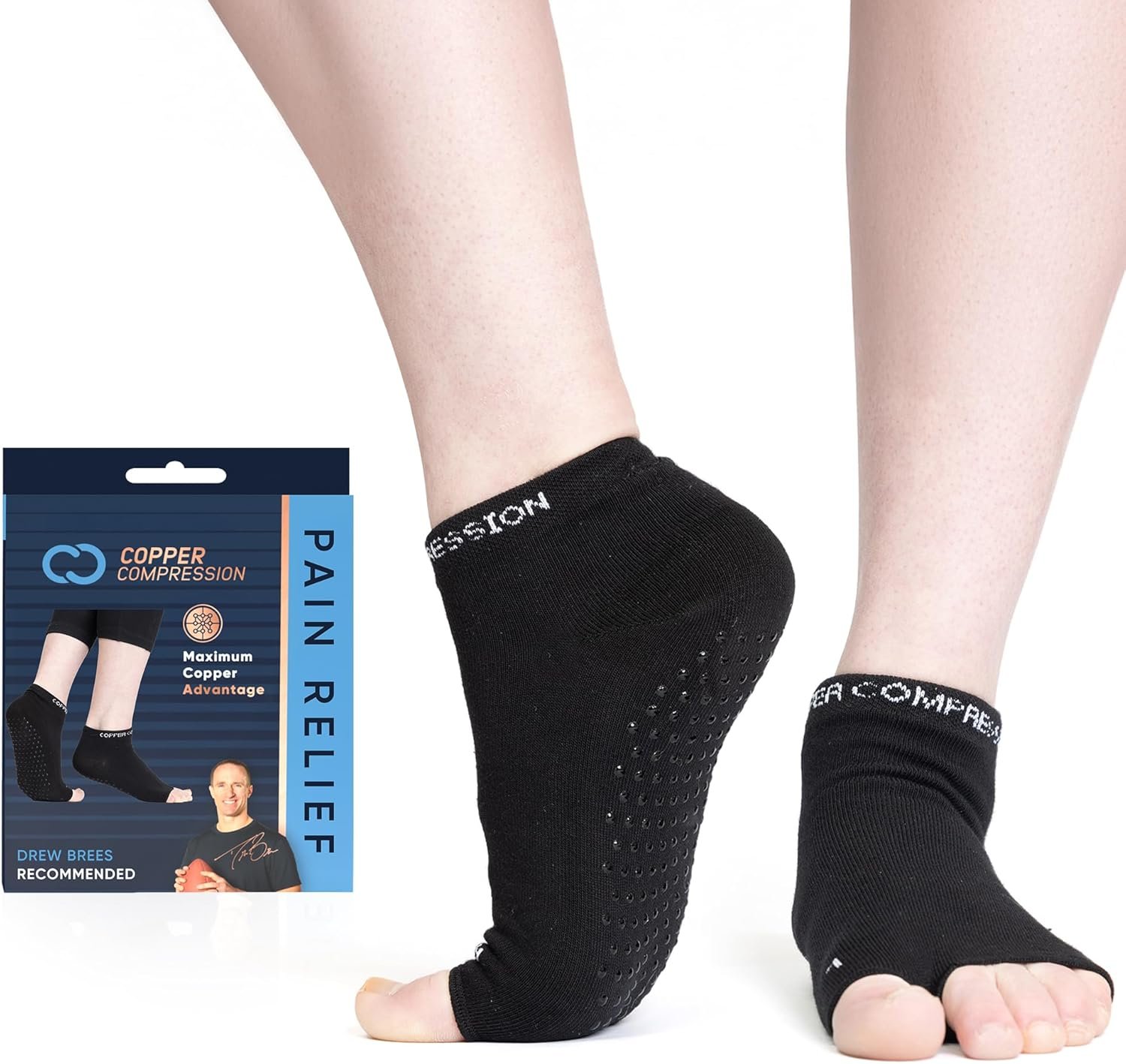 Copper Compression Silicone Padded Yoga Socks for Women – Non Slip Grippy Socks with Big Toe Holes for Pilates, Pure Barre, Dance, Ballet, Pregnancy, Hospital, Extra Grip, Safety & Comfort – S/M