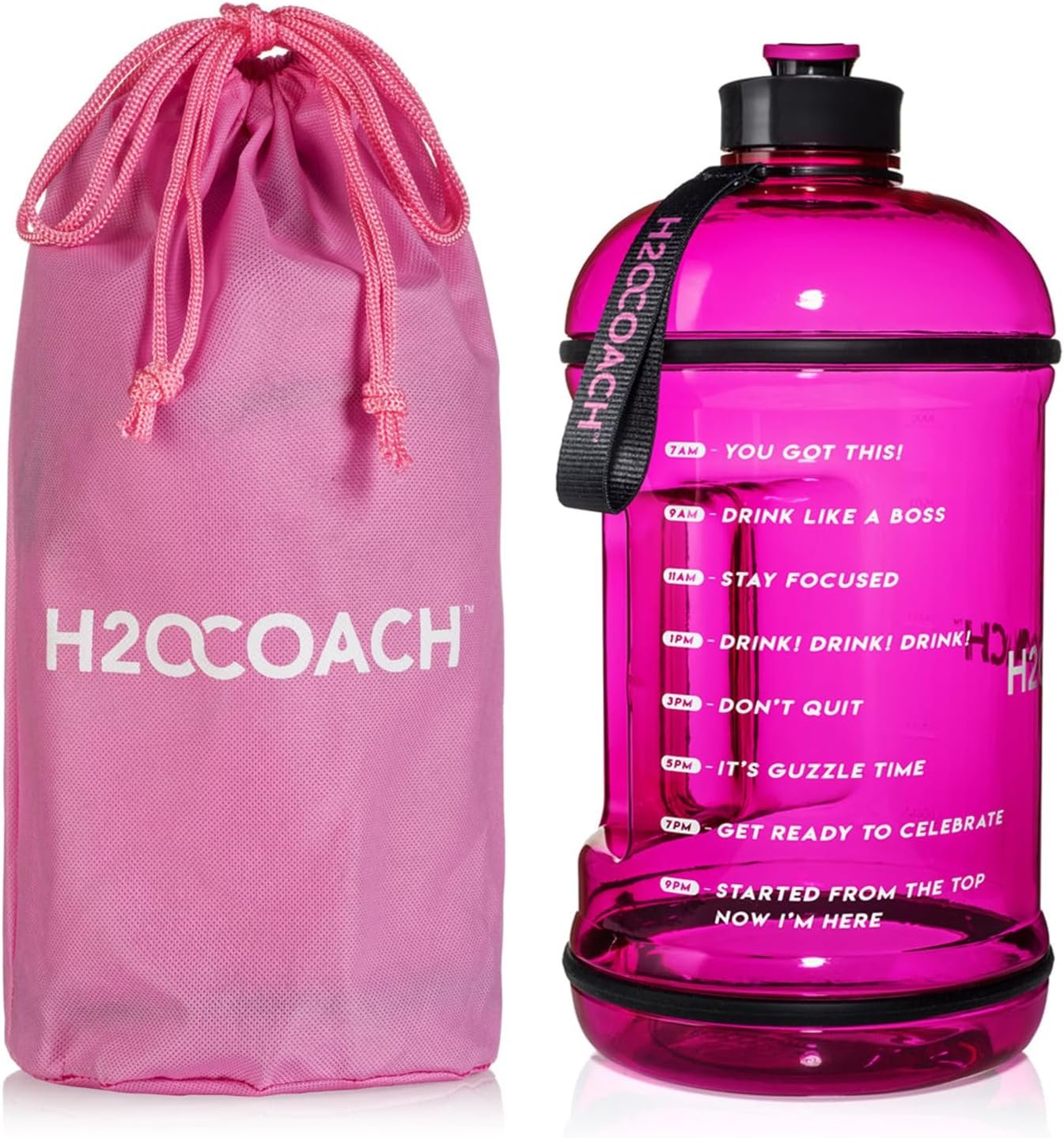 H2OCOACH 1 Gallon Hydration Jug with Time Marker & Measurements, BPA-Free Tritan Sports Drink Container, Motivational Daily Intake Tracker for Gym, Workout, & Fitness Routines (128 oz, Pink)