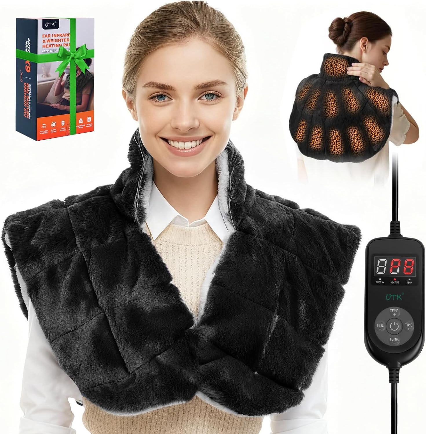Weighted Heating Pad for Neck and Shoulders and Back,30s Fast Heating for Pain Relief, Ergonomic Heated Wrap, 160℉ Max Temp 8 Heat & 16 Auto-Off Timers,Memory Function,Birthday Gifts for Women,Black