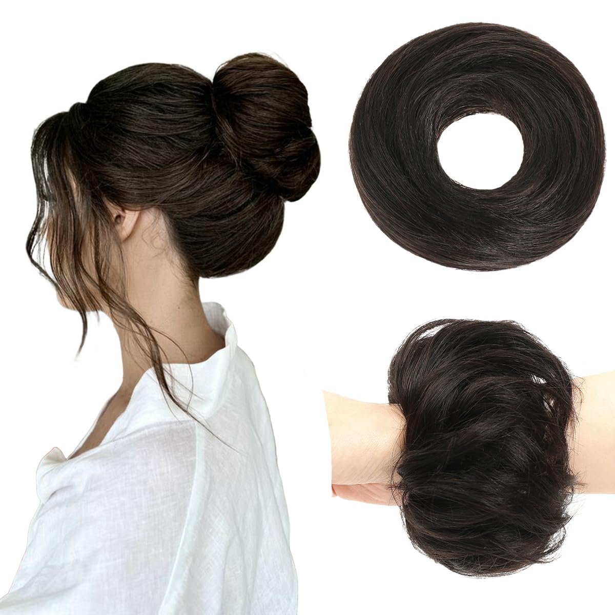 2Pcs Messy Bun Hair Piece 100% Human Hair Bun Scrunchies Natural Tousled Stretchy Fluffy Donut Updo Ponytail Extensions with Elastic Rubber Band Fake Bun Hair for Women,Natural Black