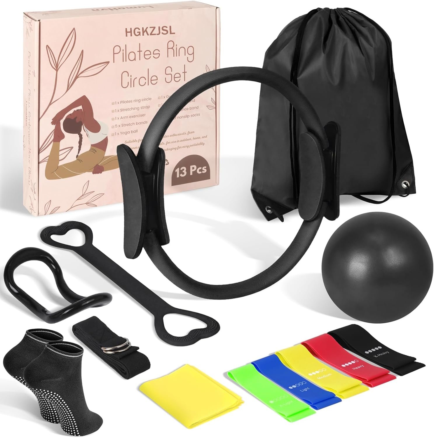 Pilates Kit for Women 13PCS, Pilates Ring and Ball Set with Magic Circle, Resistance Bands Set, Figure 8 Band, Yoga Ring & Grip Socks, Home Workout Equipment Essentials Starter Kit for Beginners