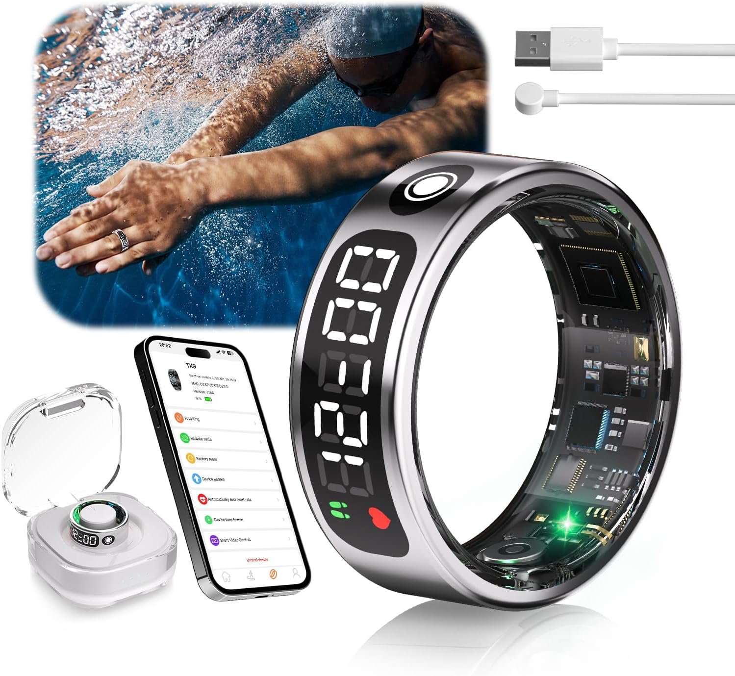 7.0 Smart Ring with LED Screen【5ATM Waterproof】【5.3+EDR Technology – 0.1%± Error】 Smart Ring for Men and Women to Monitor Sleep, Heart Rate, Silver 13#