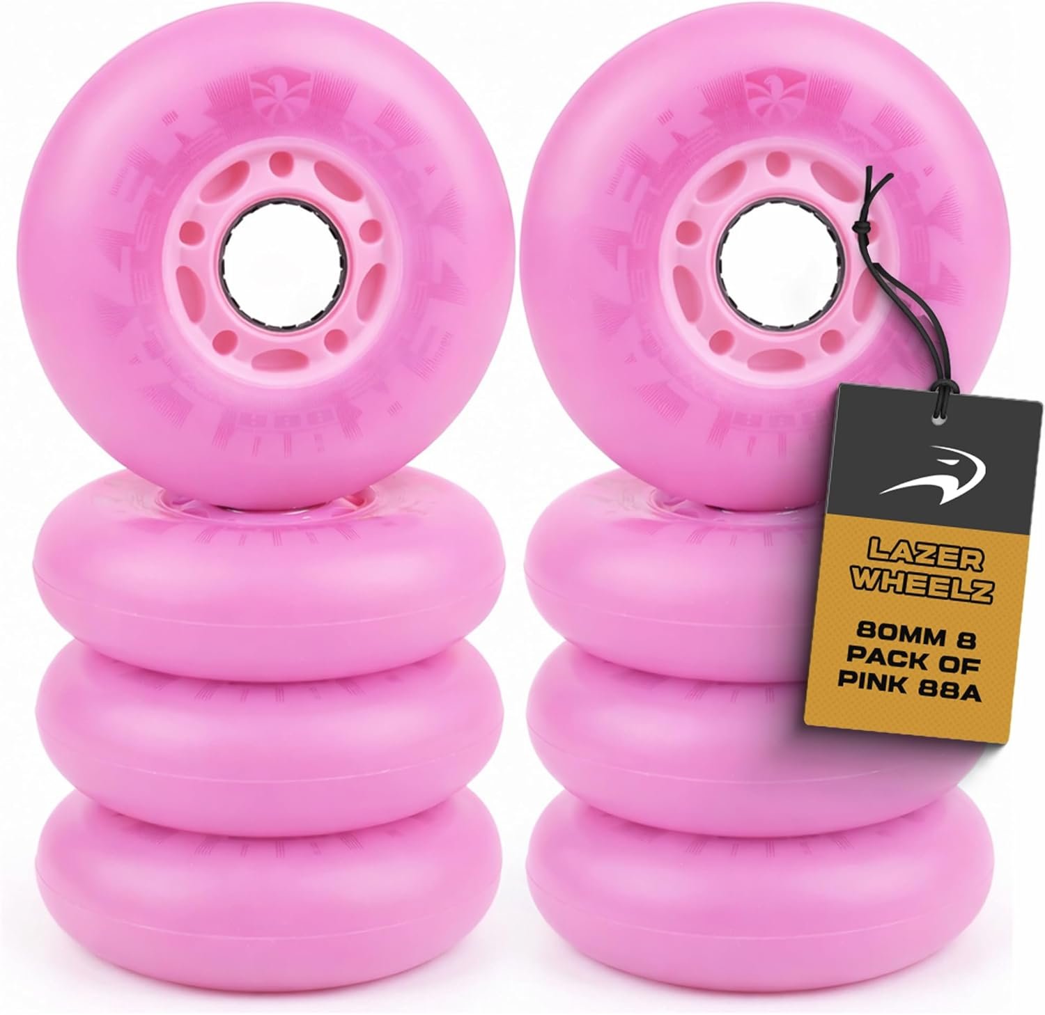 Flying Eagle LazerWheelz – Light Up Inline Skate Wheels Indoor or Outdoor Use, 80mm 8 Pack of Pink 88A Hardness LED Lights for Roller Skate Wheels Replacement, Adult Inline Accessories