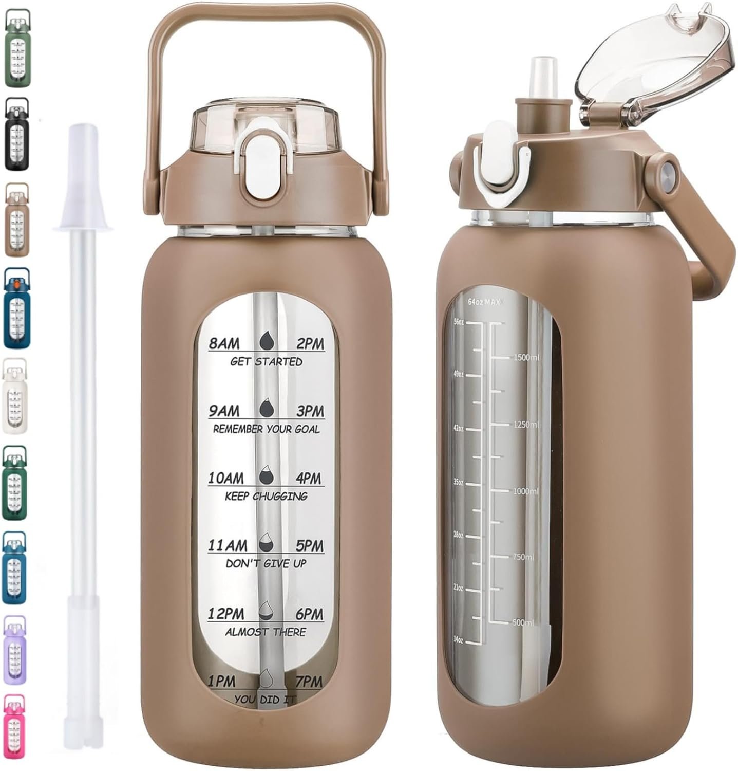 64oz Glass Water Bottles with Straw, Half Gallon Motivational Glass Bottle with Silicone Sleeve and Time Marker, 2L Leakproof Large Glass Water Jug for Gym Home Office,Amber