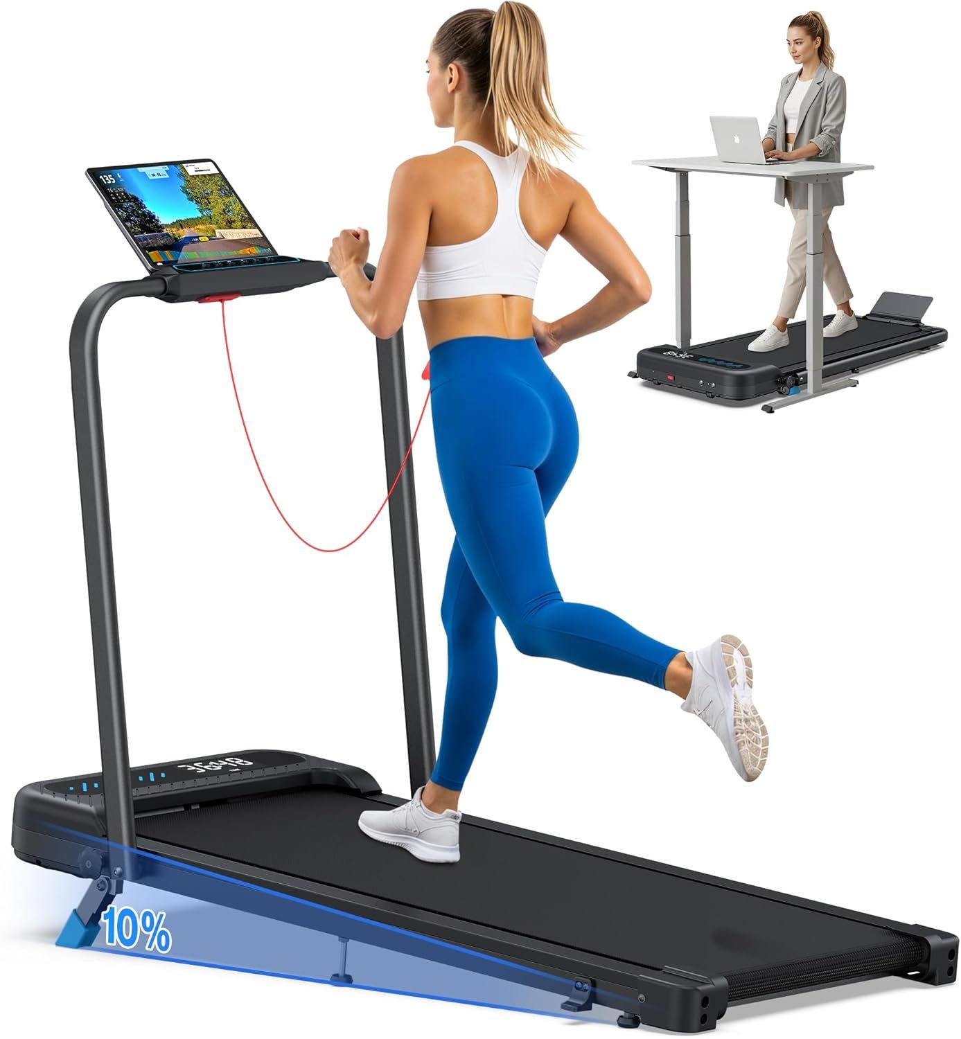 Foldable Treadmill with 10% Incline, 4 in 1 Compact Walking Pad Treadmill with Handle Bar for Home Small Spaces, 3.0HP Portable Quiet Under Desk Treadmills, 350 LBS Capacity, Smart APP, LED Display