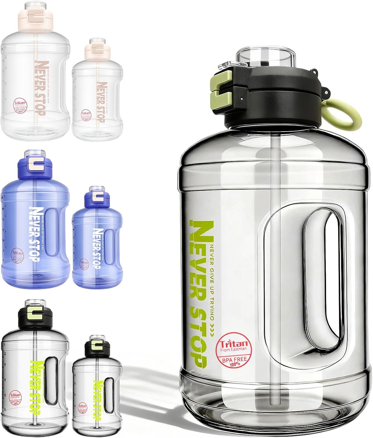 Buylorco 54oz Water Bottle Large Gallon Water Jug with Handle and 2 in 1 Flip-top Lid – Straw and Wide Mouth Drinking Hole BPA Free Perfect for Outdoor Sports, Gym, Camping (Black, 54oz)