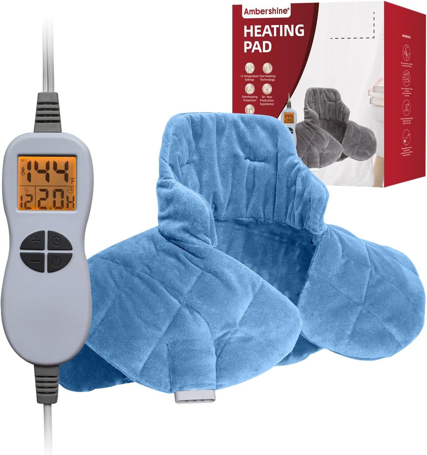 Ambershine 19”x24” Weighted Neck & Shoulder Heating Pad, 2.5lbs with 12 Temperature Settings& 4 Auto-Off Timers, Pain Relief for Neck/Shoulder/Back(Light Blue)