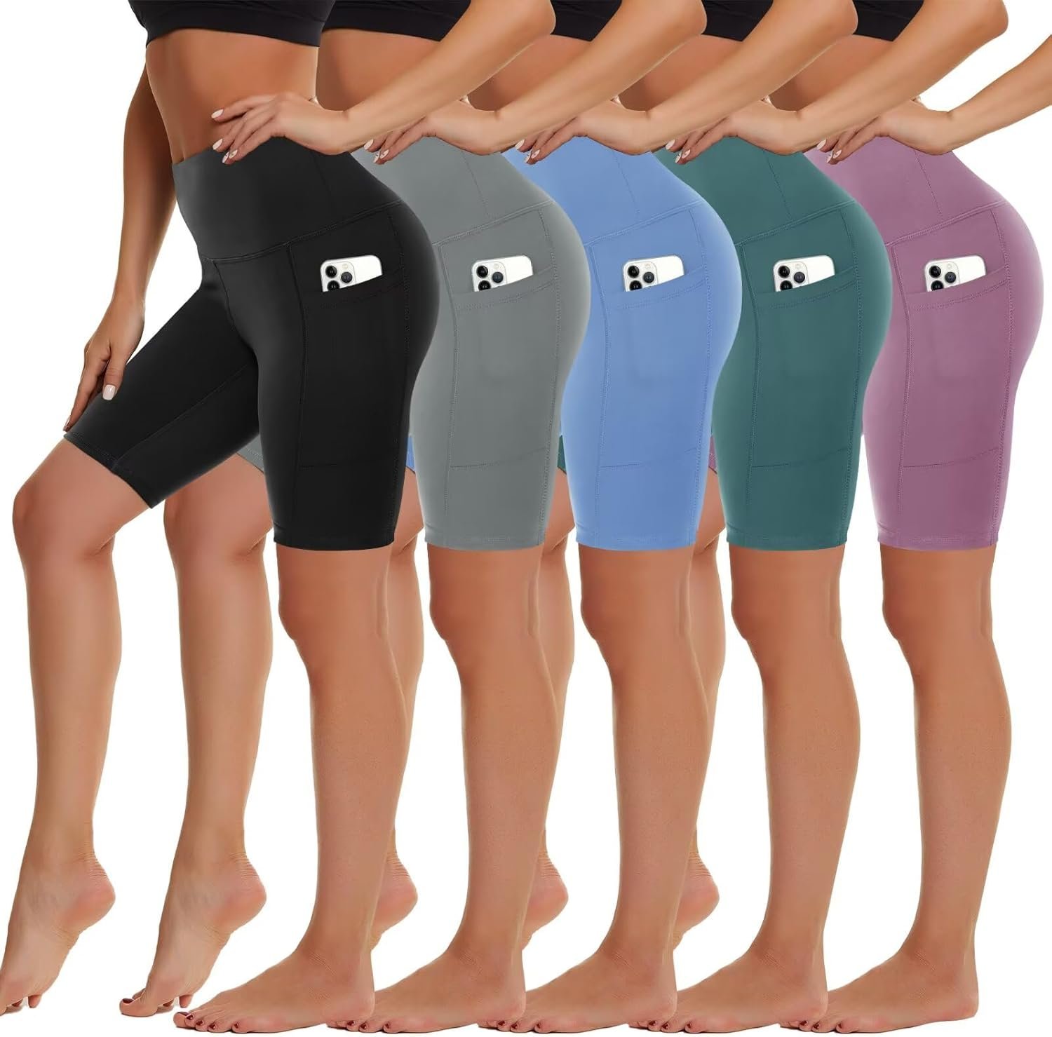 5 Pack Biker Shorts with Pockets for Women – 5″/8″ High Waist Spandex Workout Yoga Running Athletic