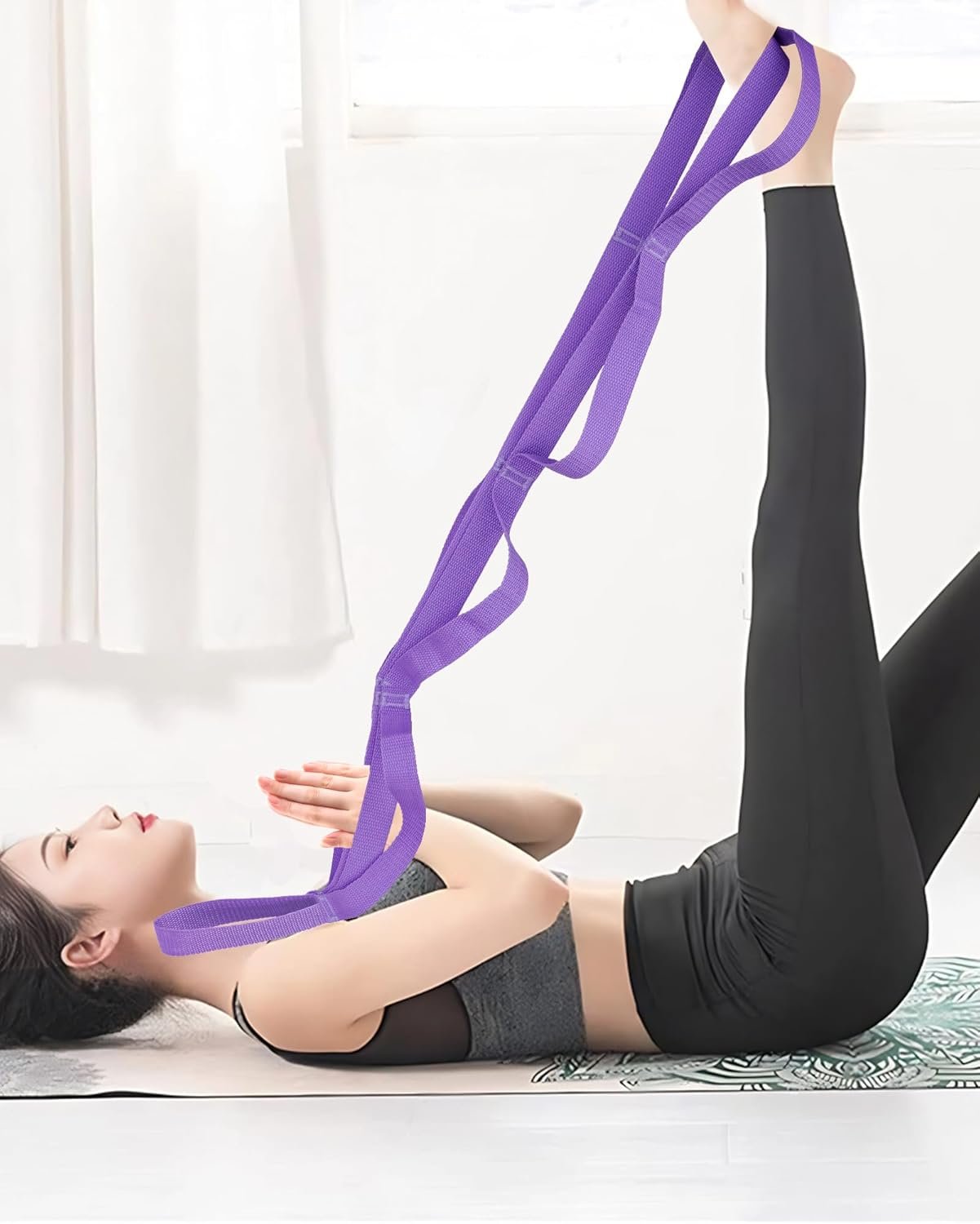 10 Loop Yoga Stretching Strap for Physical Therapy – Non-Elastic Exercise Band for Pilates, Yoga, Stretching for Women & Men