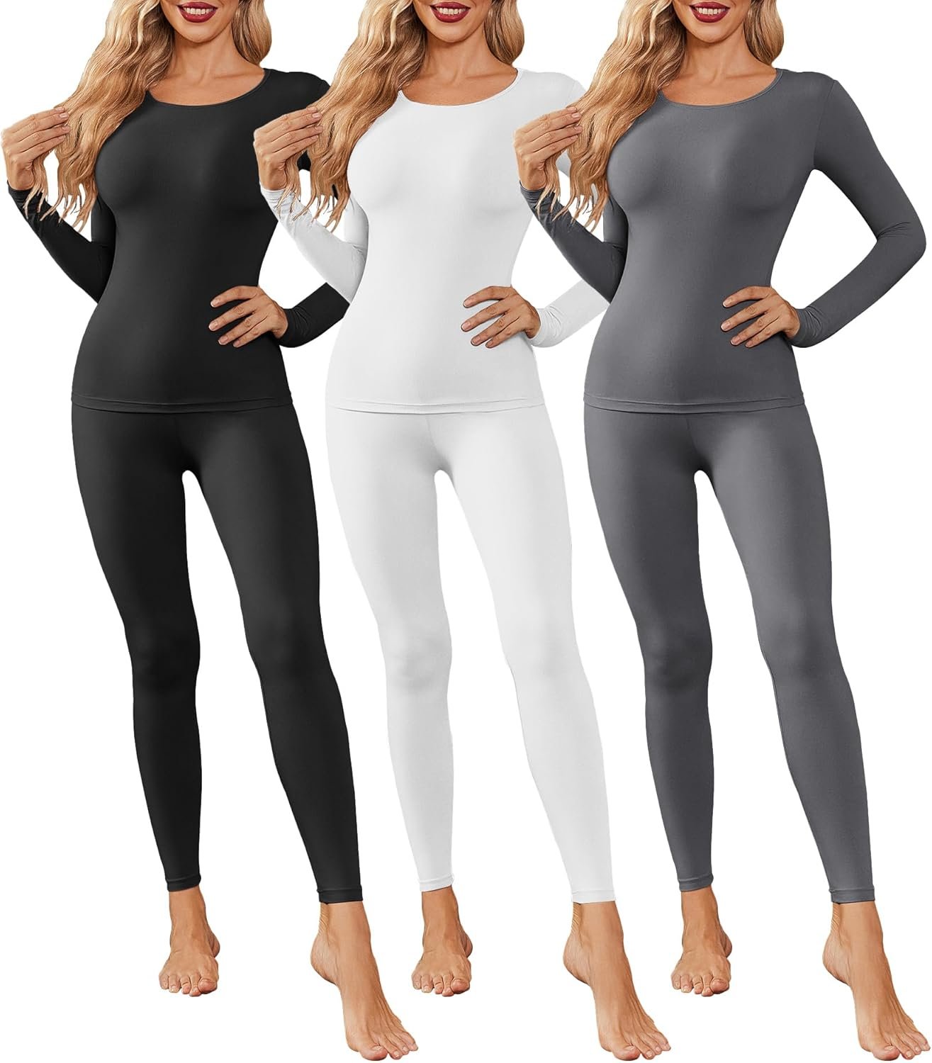 Ekouaer 3 Pack Thermal Underwear for Women Long Johns Long Sleeve Base Layer Thermals Cold Weather Sets