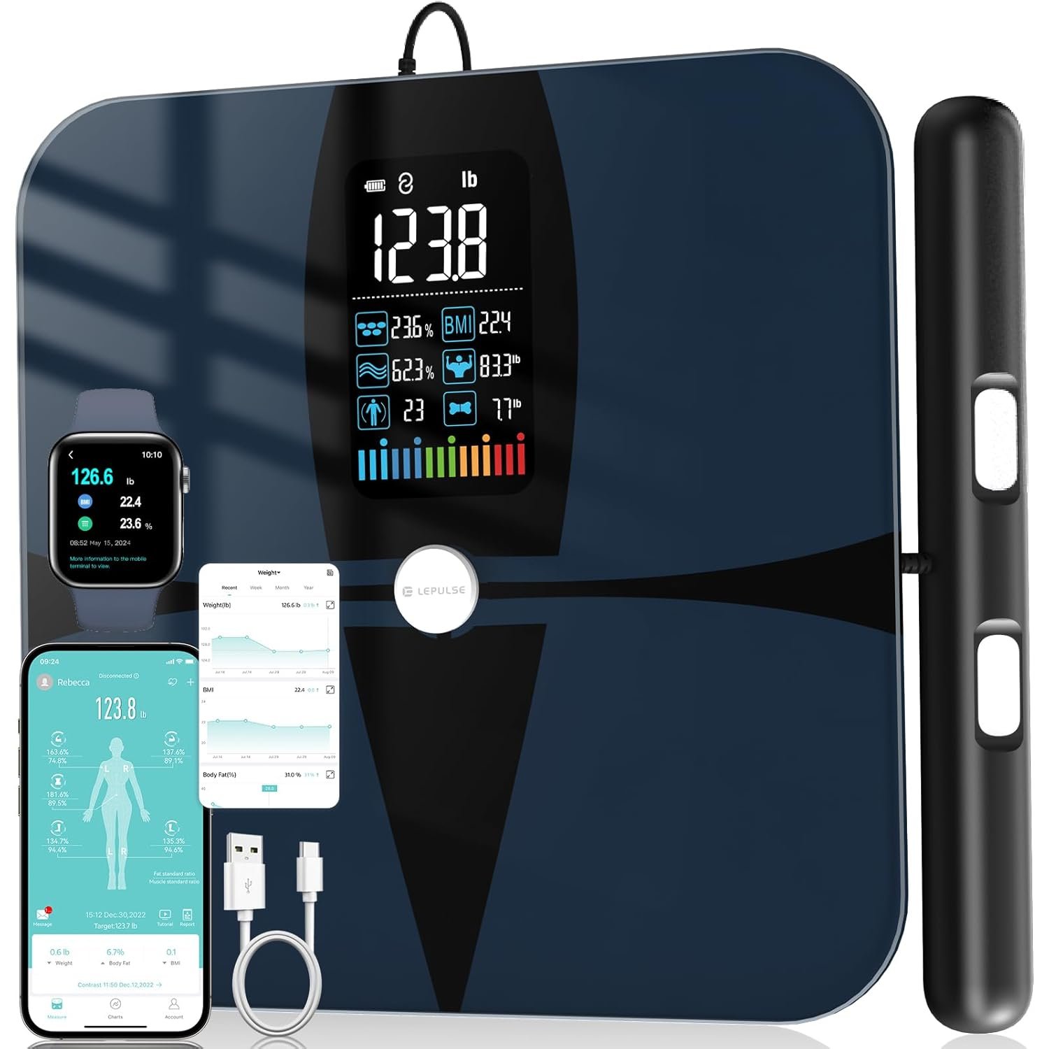 Lepulse Body Composition Scale, 8 Electrode Bathroom Smart Scale with BMI, Body Fat, Muscle Mass, Scale for Body Weight and Fat with 20 Body Fat Scale, Large Color Display and Report (Black)