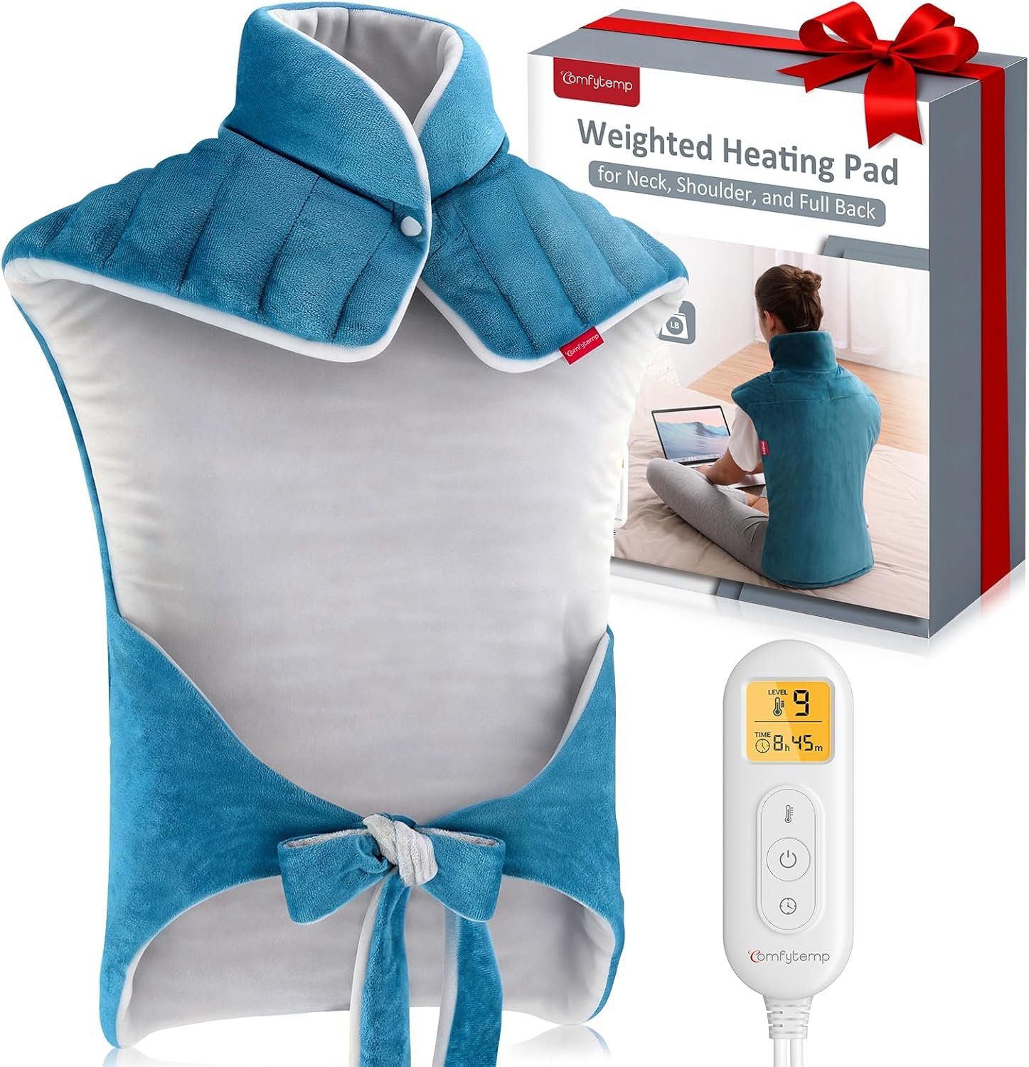 Comfytemp Heating Pad for Back, Weighted Electric Heating Pad for Neck Shoulders, Large Heated Wrap for Her Him Women Men Mom Neck Shoulders Relaxtion, 9 Heat Settings & 11 Auto-Off，22″x33″, Blue