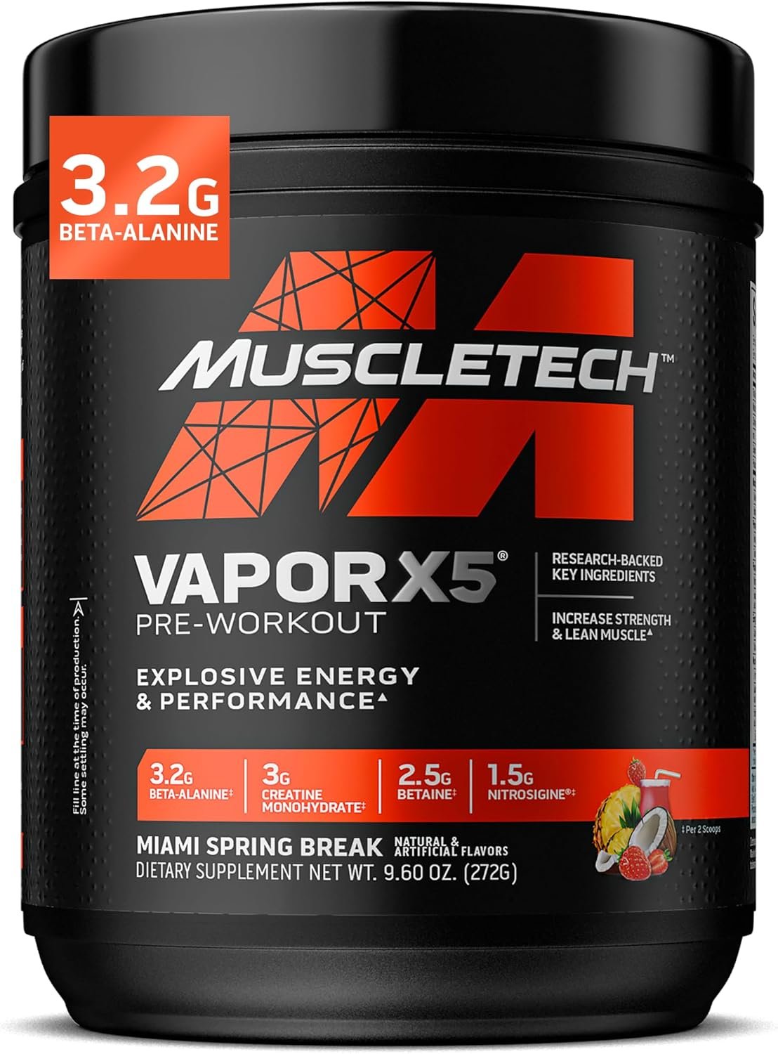 MuscleTech Pre-Workout Powder, Vapor X5 – Sports Nutrition Muscle Building Supplements for Women & Men – Intense Muscle Pump Energy Powder Drink Mix – Miami Spring Break, 272g (30 Servings)