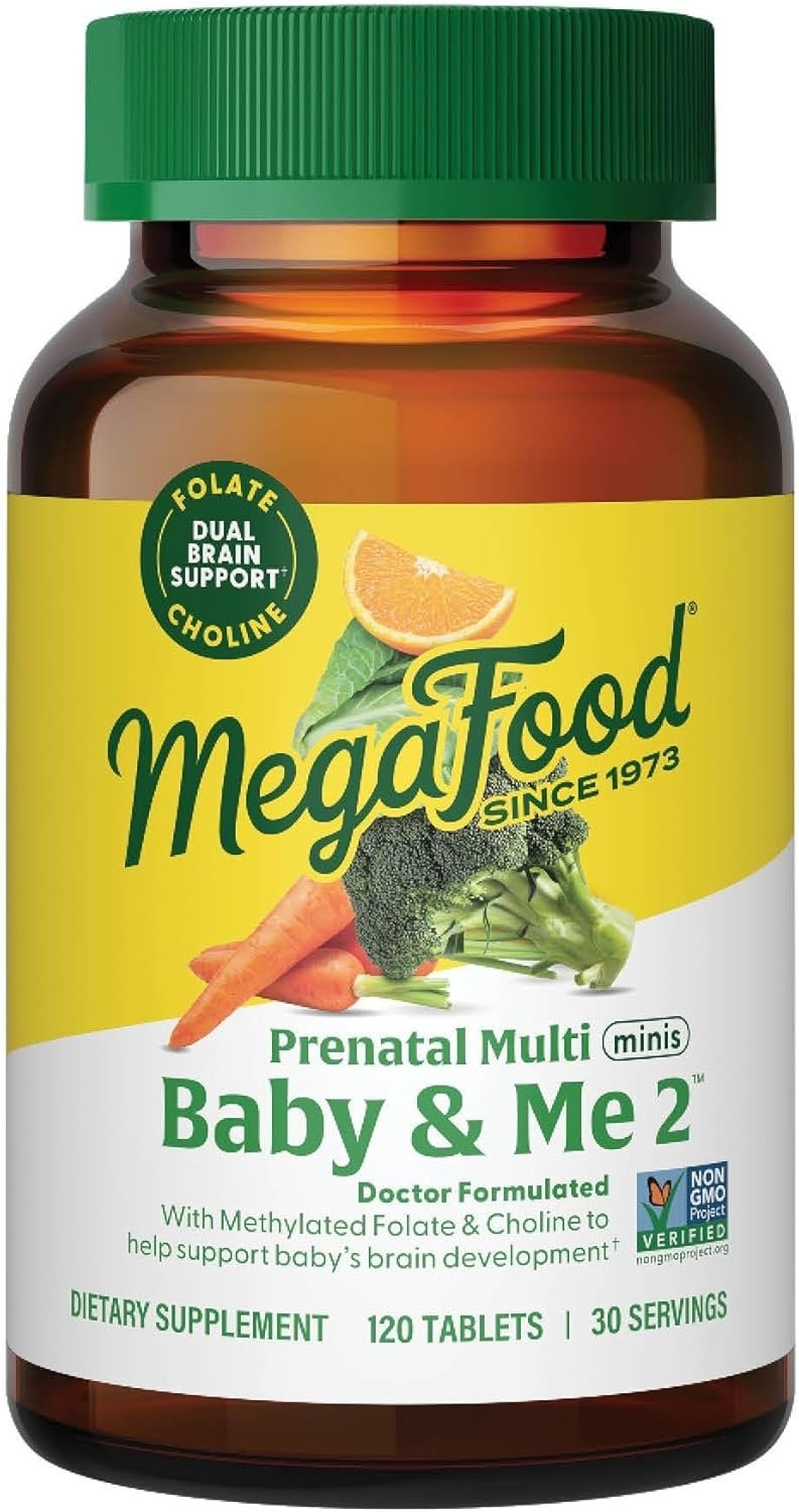 MegaFood Baby & Me 2 Prenatal Multi Minis – Prenatal Vitamins for Women with Choline & Methyl Folate – Gluten-Free, Vegetarian, Pre Natal Multivitamin for Women – 120 Minis Tablets, 30 Servings