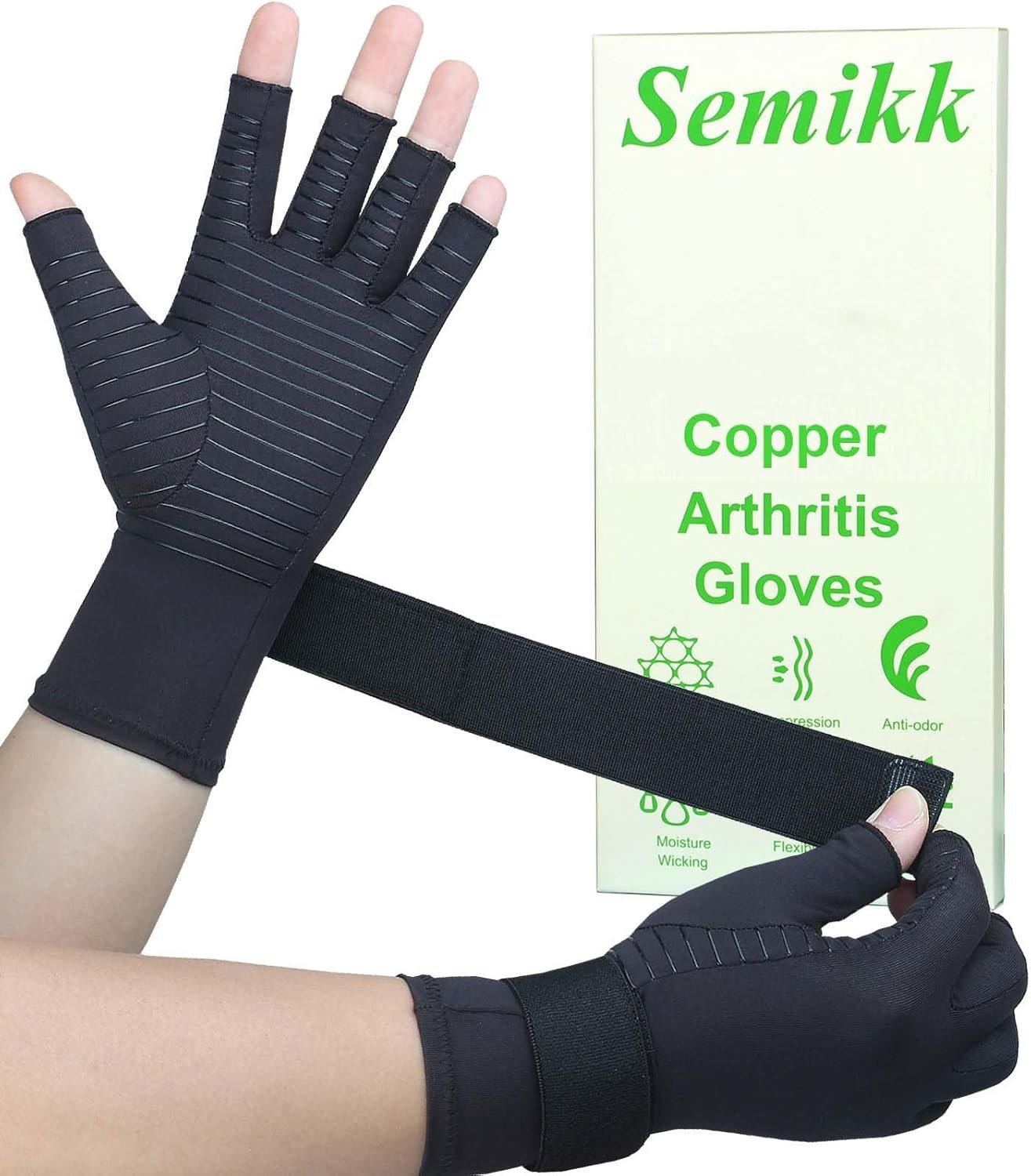 Copper Arthritis Gloves for Women Men, Fingerless Compression Gloves for Arthritis, Carpal Tunnel, Pain Relief, Swelling, Rheumatoid, Typing, Adjustable Wrist Strap (1pair, Small/Medium)