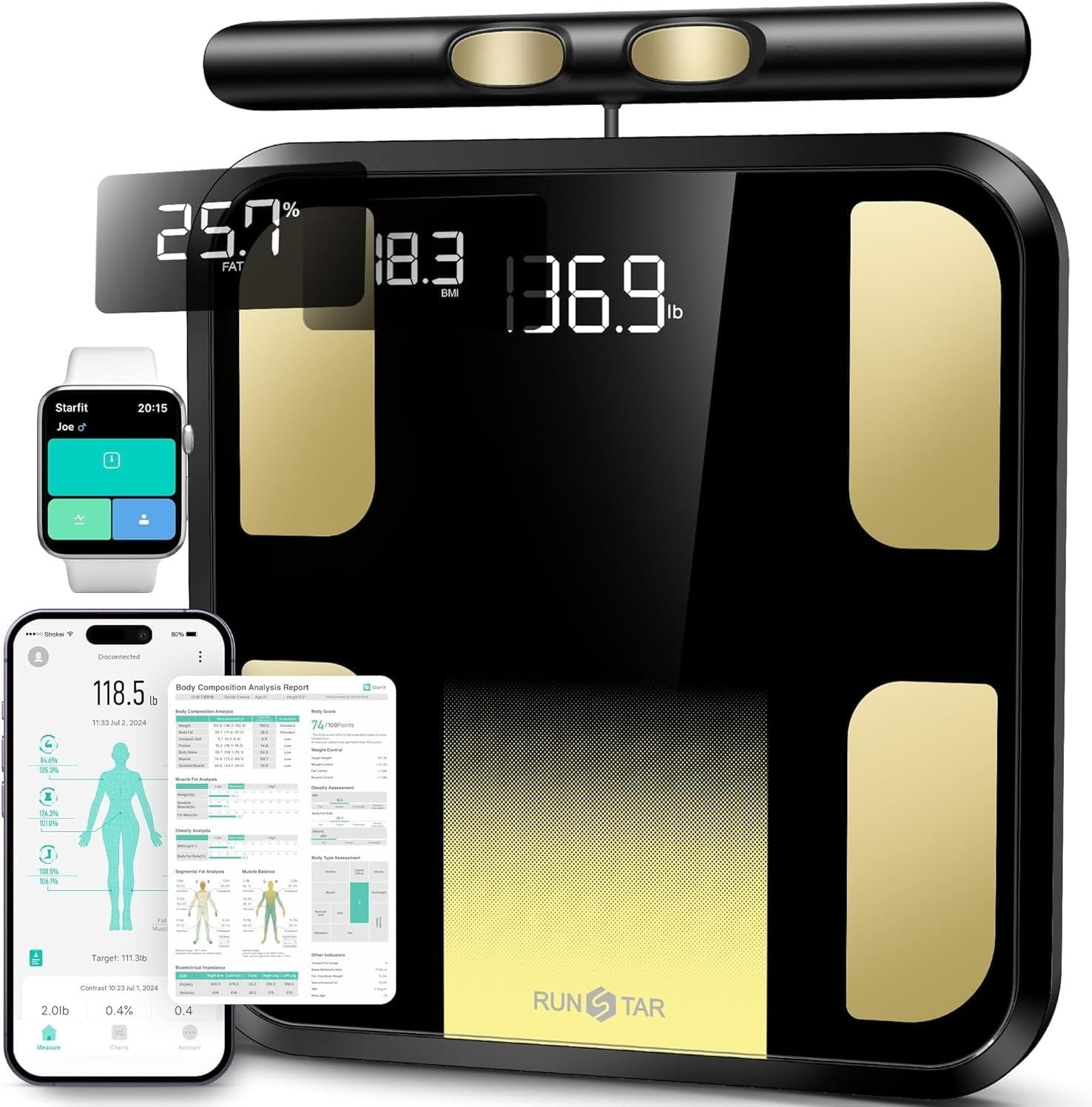 RunStar Smart Scale for Body Weight, Full-Body Bathroom Scale with 8 Electrodes for BMI, Muscle Mass, 3-Metric Display, High-Accuracy Body Composition Monitor with 28 Metrics & App Connectivity