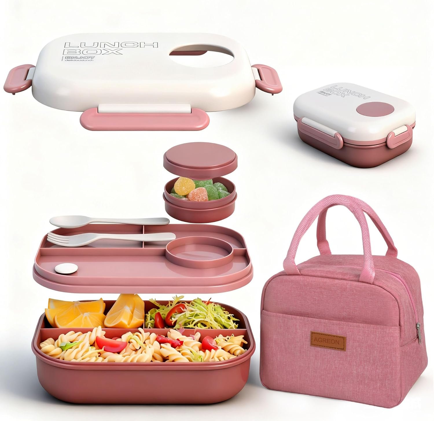 Lunch Bento Box Set – 3 Compartment Containers for Kids and Adults,lunch box for women with Thermo Lunch Bag, Leak-Proof and BPA-Free – Built-in Utensil Set,Sauce – Dishwasher Safe-Claret