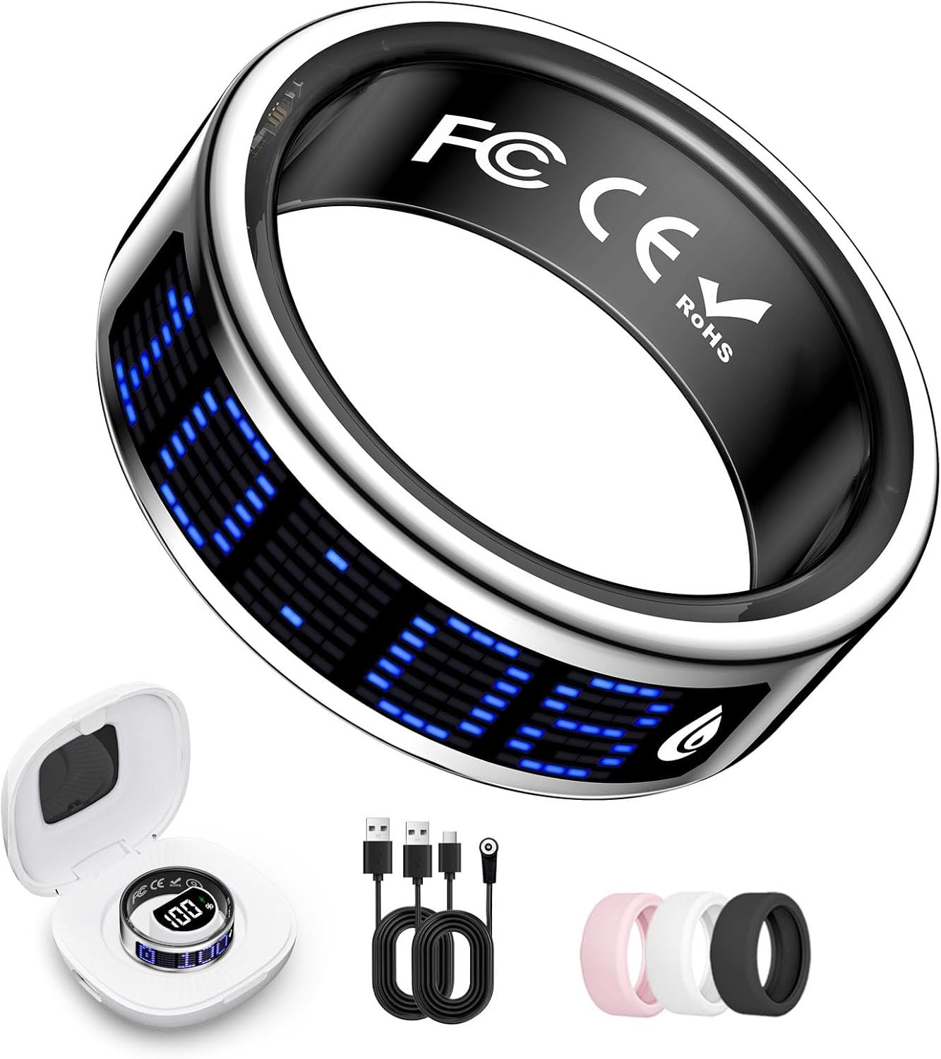 Smart Ring for Women & Men, Fitness & Health Tracker with Display Screen, IP68 Waterproof Smart Rings for Health Monitoring, Fitness Tracker Ring with Call Notification, No App Fees (Silver, 9#)