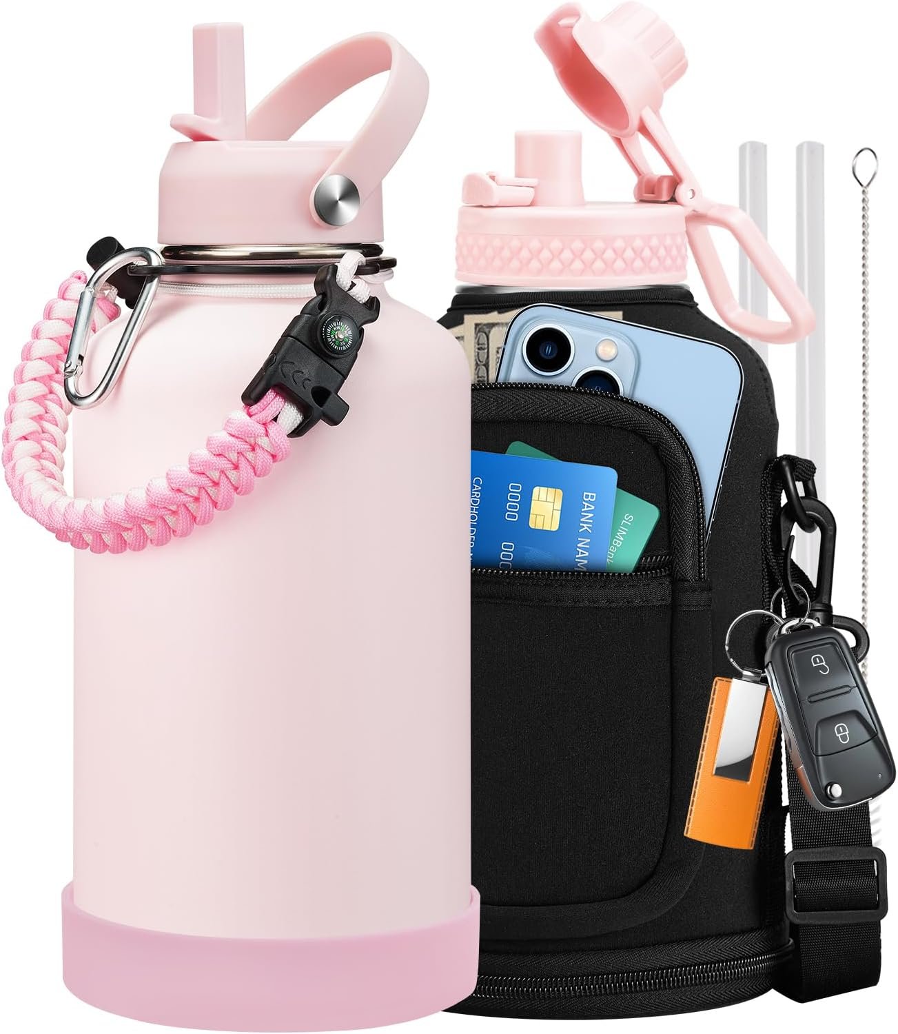 64 oz Insulated Water Bottle – Stainless Steel (Cold 48H), Leak Proof & BPA-Free Half Gallon Water Jug with Paracord Handle, Straw Spout Lids, Carrier Case, Metal Flask for Women Gym School, Pink