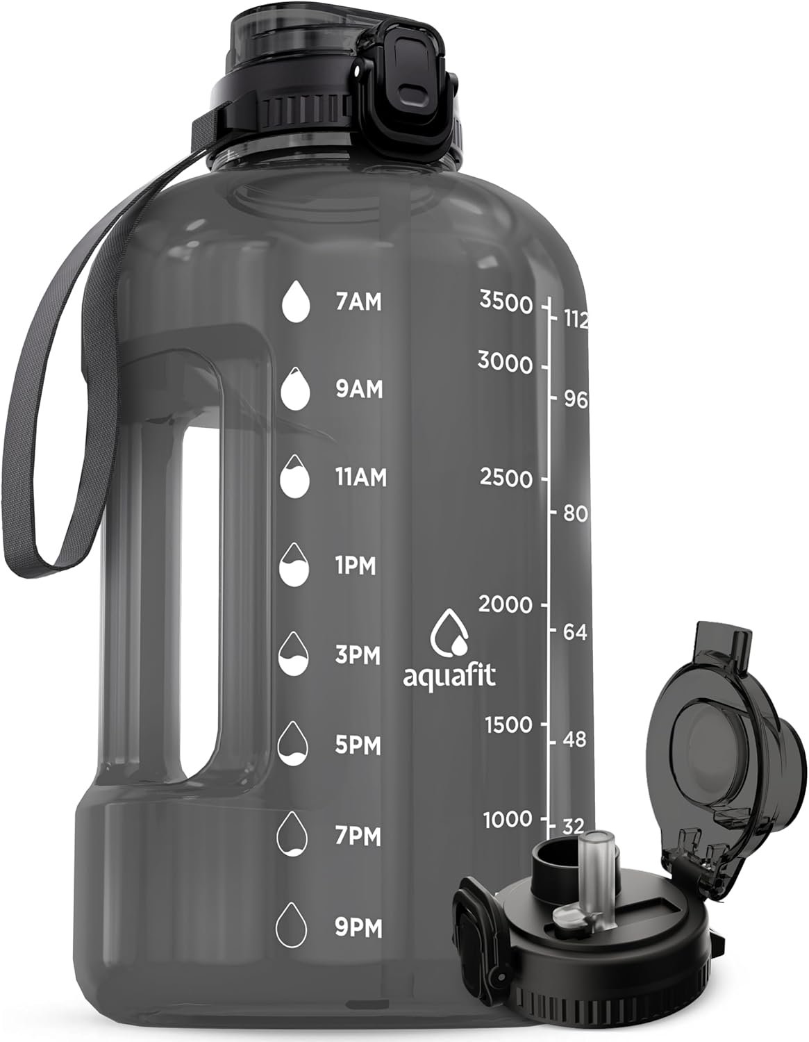 AQUAFIT 1 Gallon Water Bottle with Time Marker – Straw & Chug Lid – BPA Free Gym Water Bottle with Straw – Big Gallon Jug (Gray, 128 oz – 2in1 Lid)
