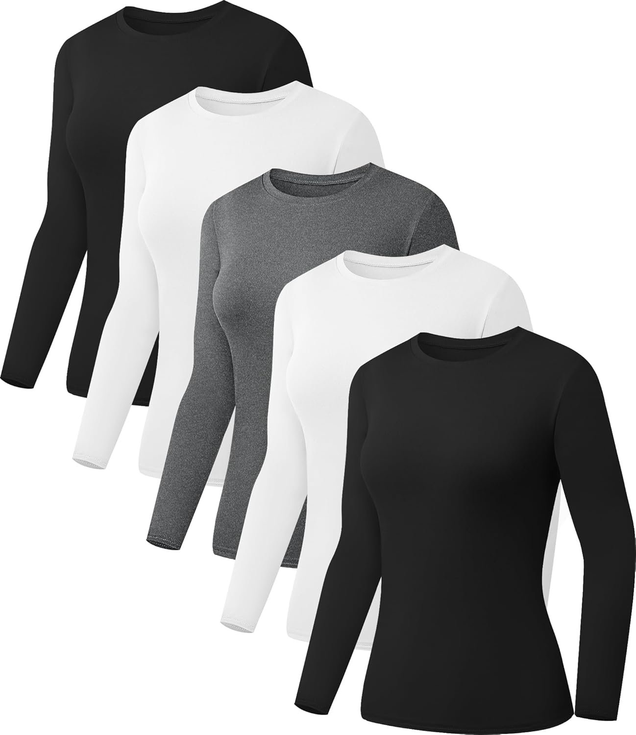 Kinglaman 5 Pack Womens Basic Long Sleeve Shirts Crew Neck Slim-Fit Fitted T Shirts Tops Undershirts Underscrub Baselayer