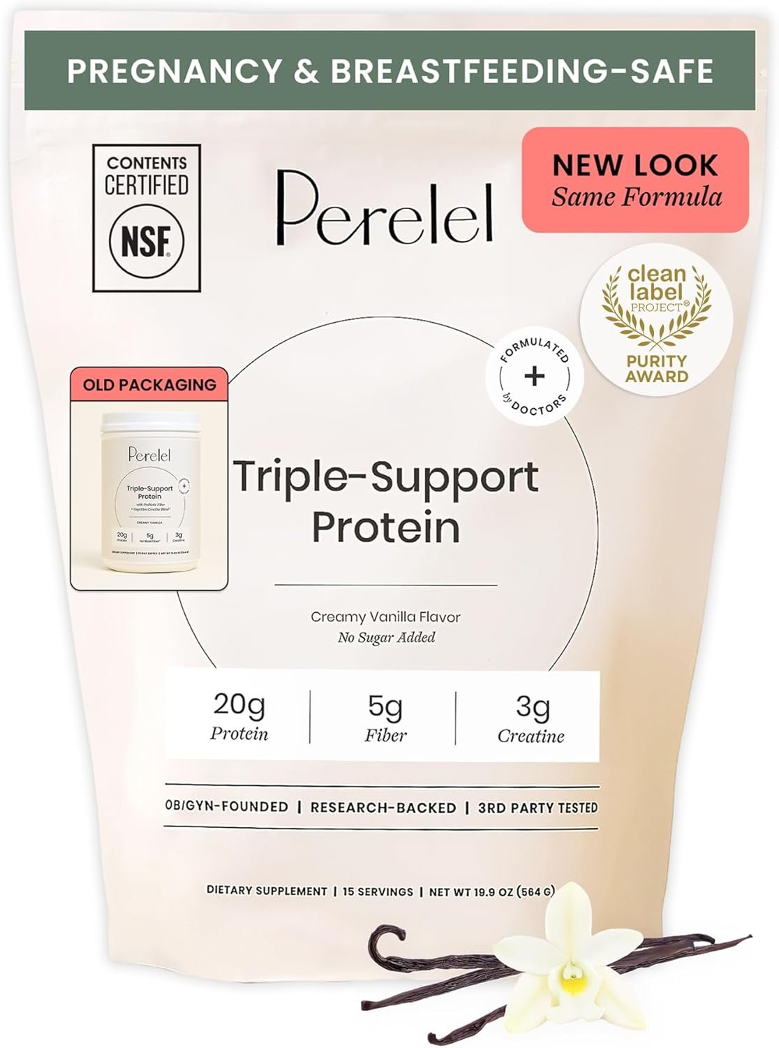 Perelel Triple-Support Plant Based Protein Powder, Creamy Vanilla, 20g Vegan Protein Powder, 3g Creatine Monohydrate, & 5g Prebiotic Fiber per Serving, Dairy Free, No Sugar Added, 15 Day Supply