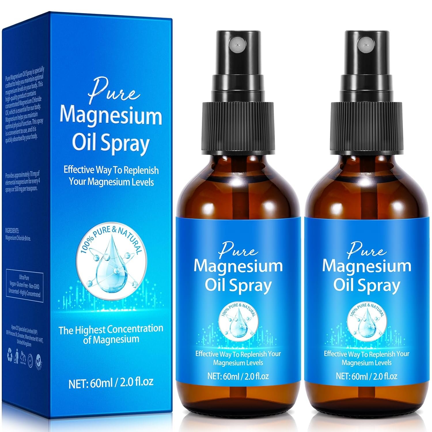 Magnesium Oil Spray for Feet, 100% Pure Natural Magnesium Spray Glass Bottle, Easy to Absorb & Use 60Ml 2Pack