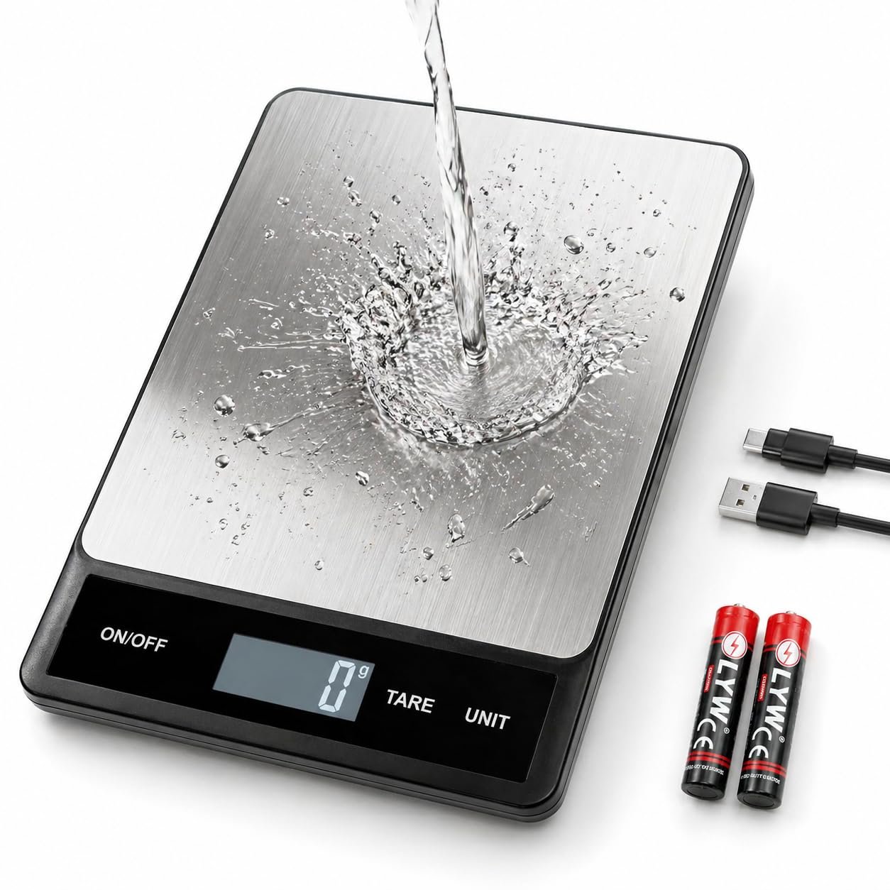 33LB/15KG Digital Kitchen & Food Scale – Waterproof Stainless Steel, USB Rechargeable, 1g Precision, Tare Function for Cooking, Baking, Meal Prep