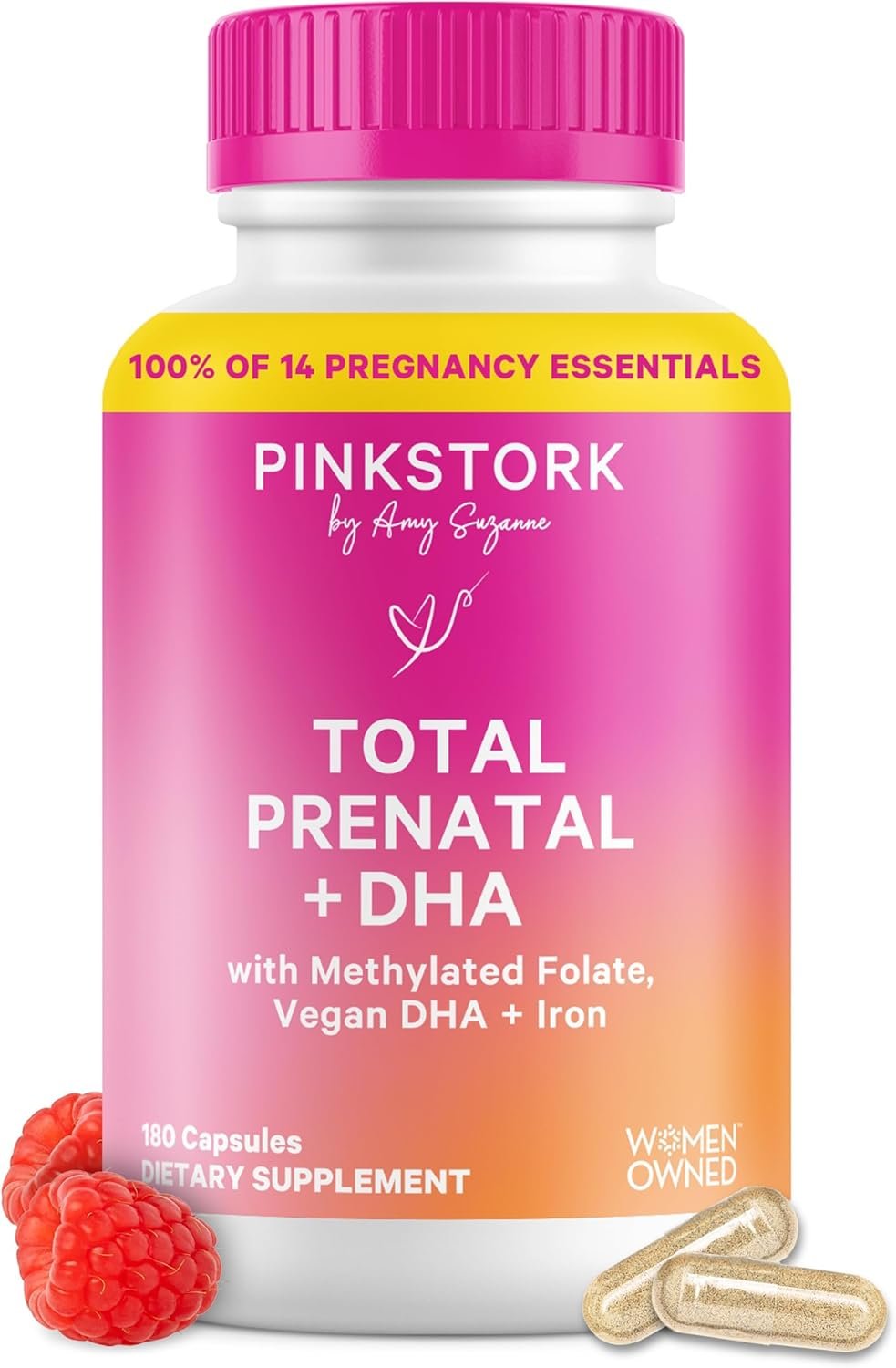 Pink Stork Total Prenatal Vitamins with DHA, Folate, and Iron, 3 Month Supply to Help Support Fetal Development, Pregnancy Must Haves – 180 Capsules
