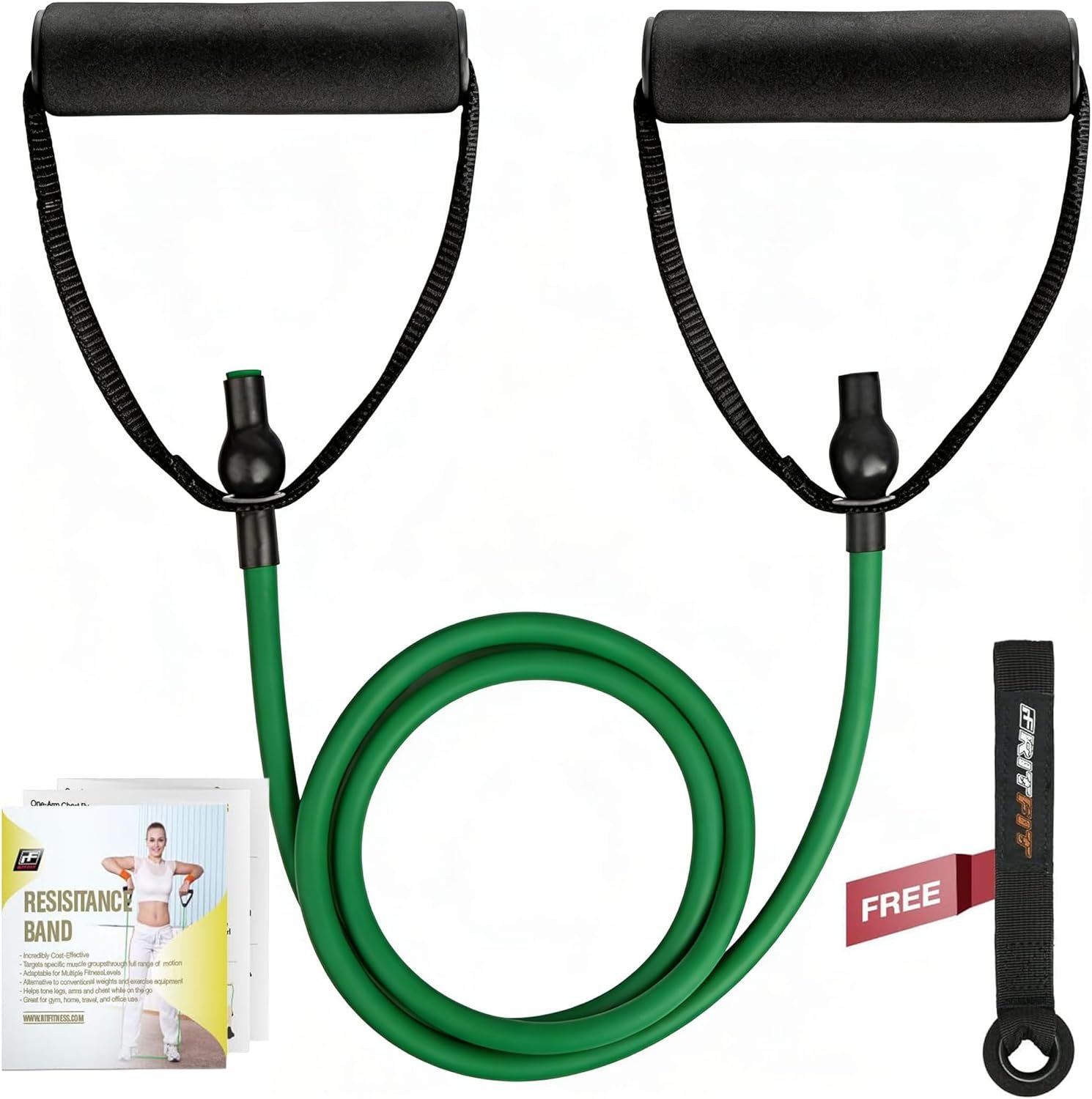RitFit Single Resistance Exercise Band with Comfortable Handles – Ideal for Physical Therapy, Strength Training, Muscle Toning – Foam Padding Door Anchor and Starter Guide Included