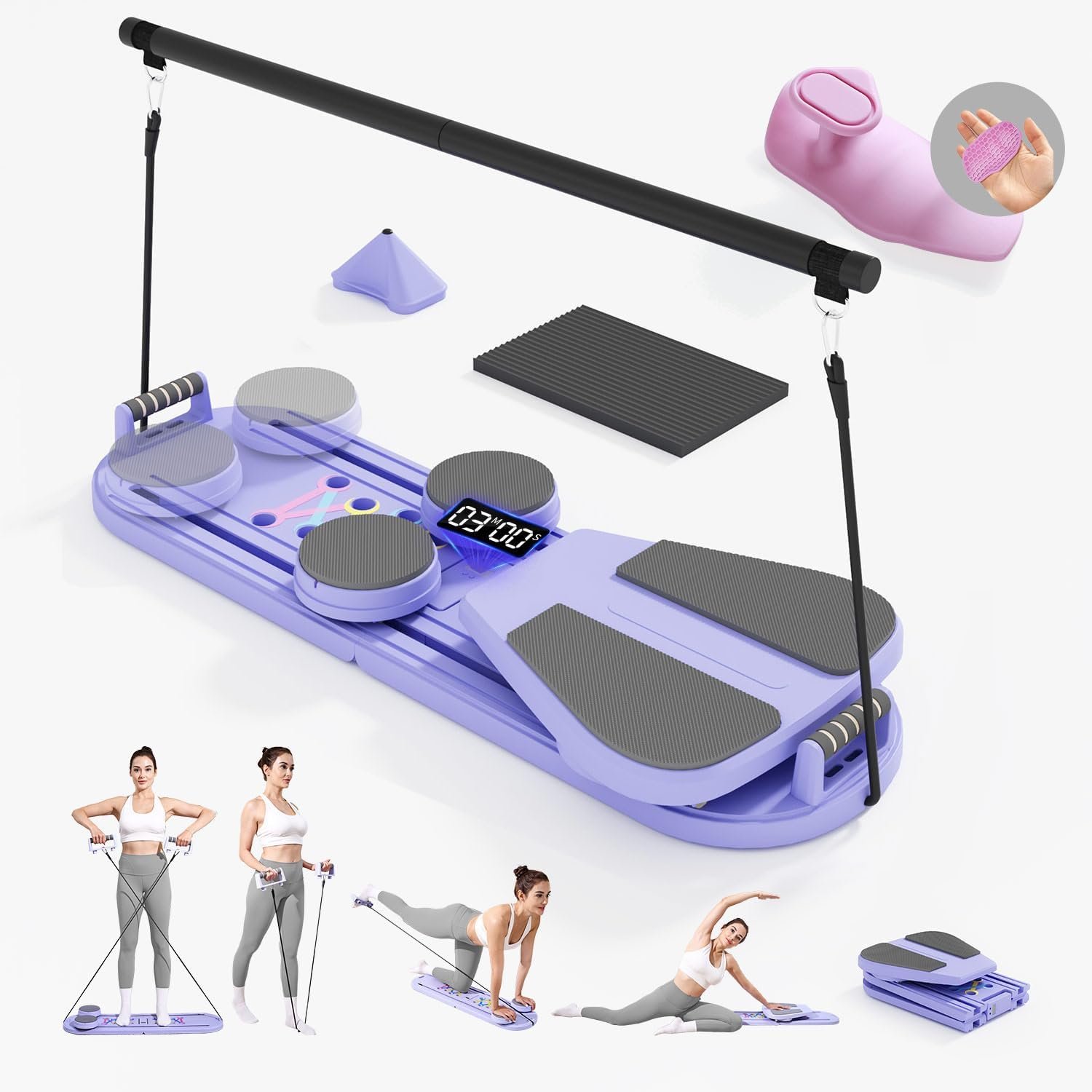 Pilates Board Reformer 15-in-1: Split & Foldable Design, Portable Home Gym with Digital Display, Resistance Bands, Balance Board for Women’s Full Body & Core Training