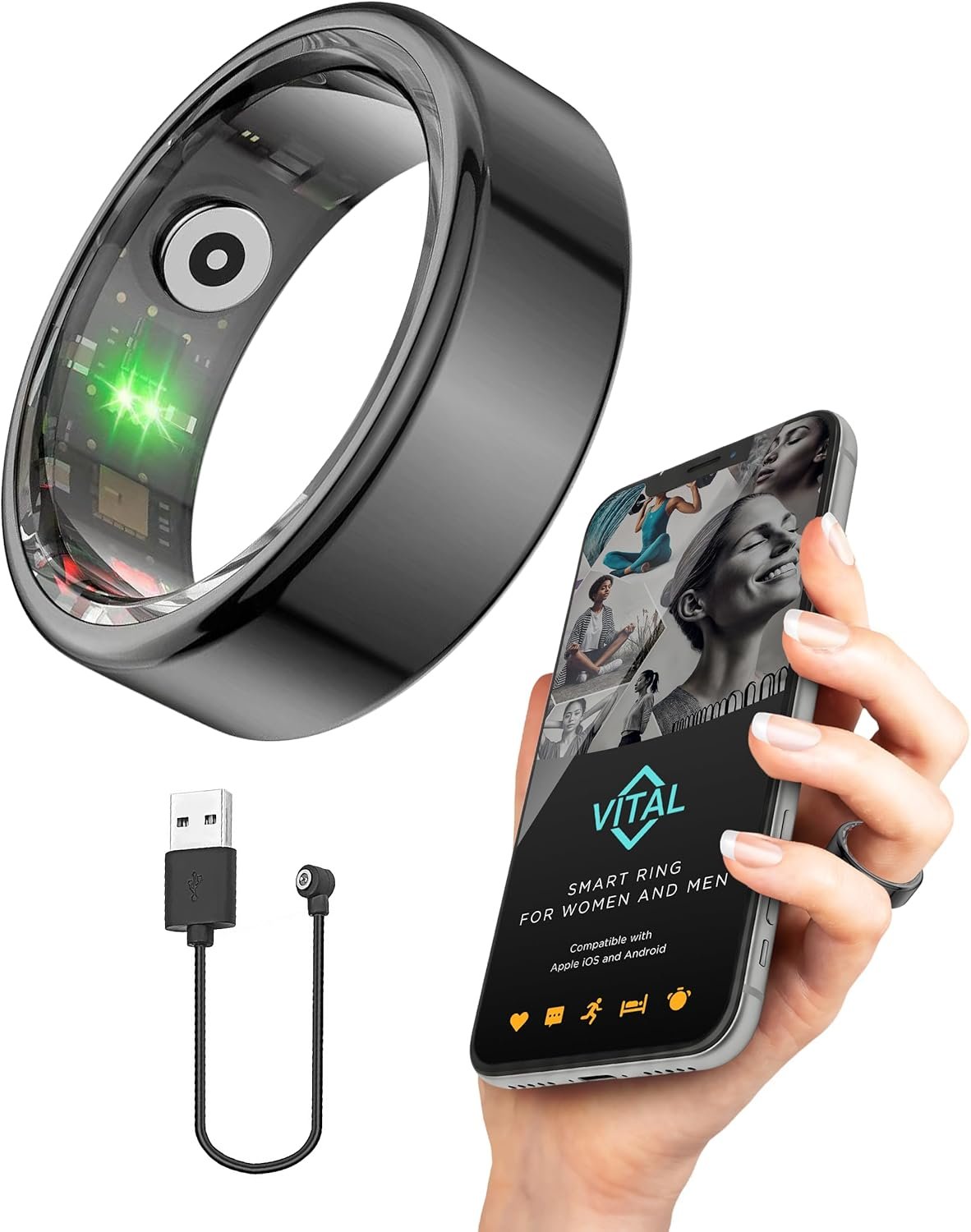 FREEZE2TRIM Vital Health Smart Ring for Women Rings for Men with Fitness, Sleep Monitor, Heart Rate, Activity Tracking, App (Size 6), Black