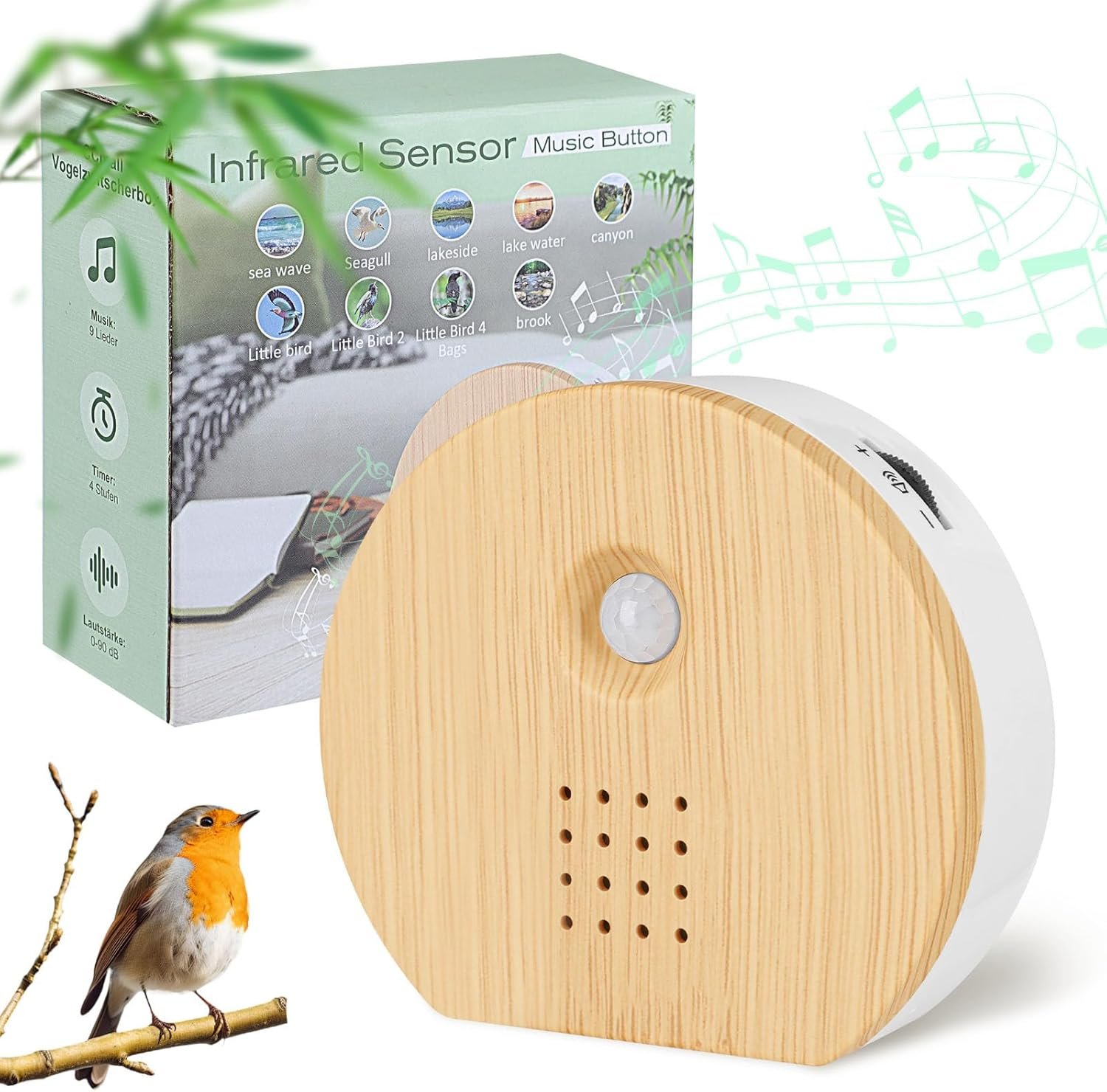 Singing Bird Box Original, White Noise Nature Sound Box with Motion Sensor Portable Birds Chirping with Timer, 9 Soothing Songs, Sound Therapy for Bathroom, Home, Baby, Adult, Travel Relaxing (0-90dB)