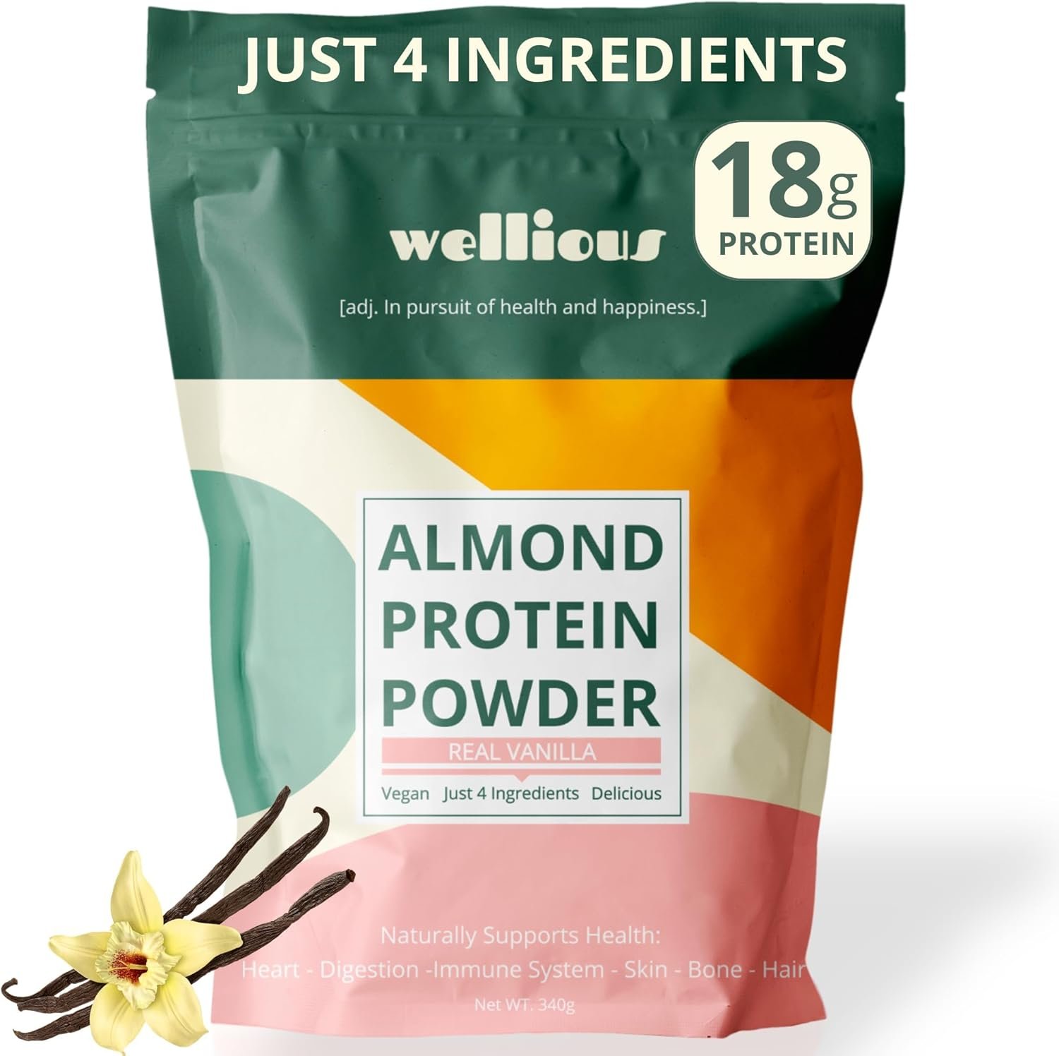 wellious Almond Protein Powder (Vanilla) – 18 Grams of Pure Healthiest Vegan Protein for Women & Men – Perfect Soy-Free & Smooth Gut Friendly Protein Powder for Sports Nutrition