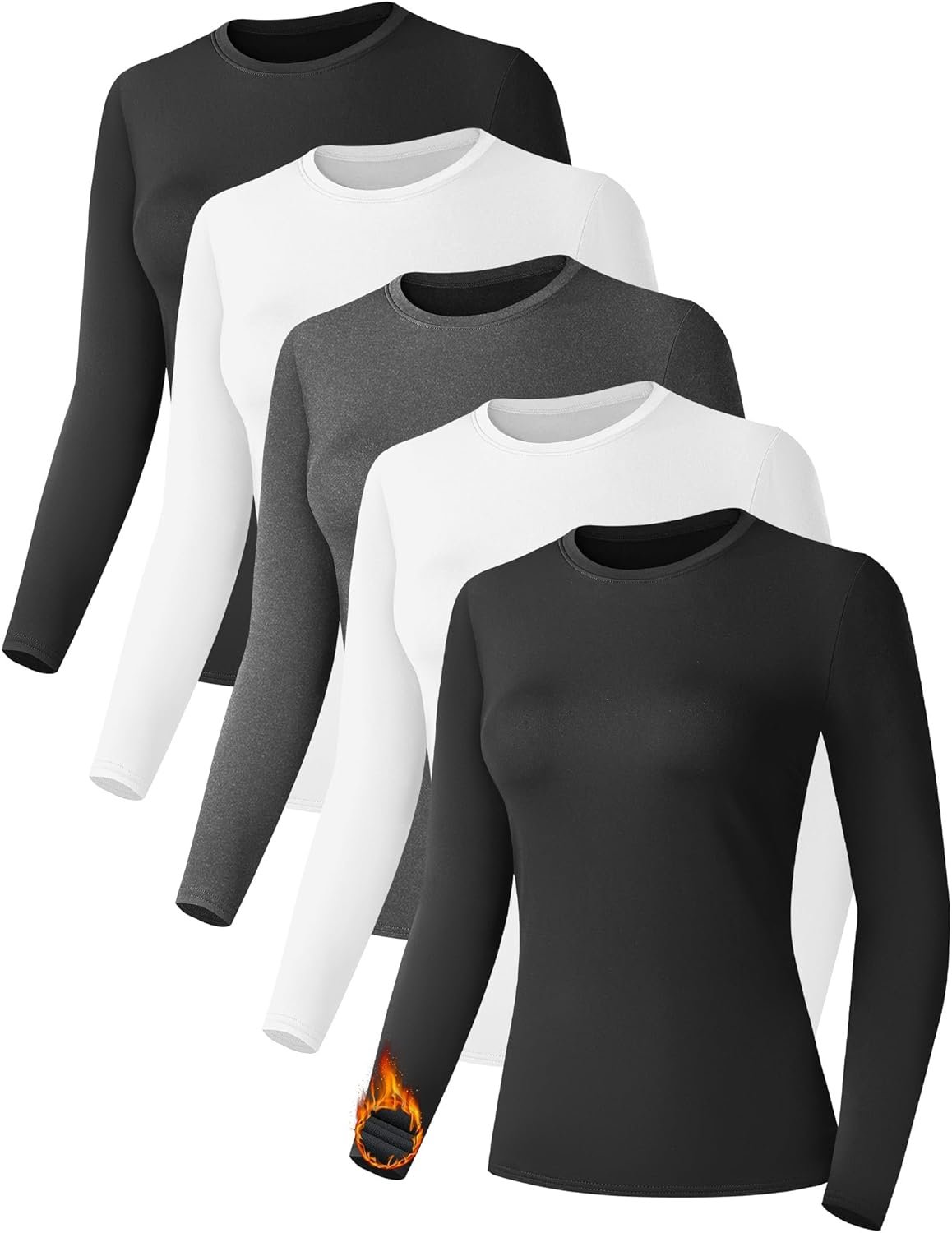 Kinglaman 5 Pack Women Long Sleeve Thermal Shirts, Crew Neck Fleece Lined Base Layer Underwear Cold Weather Tops