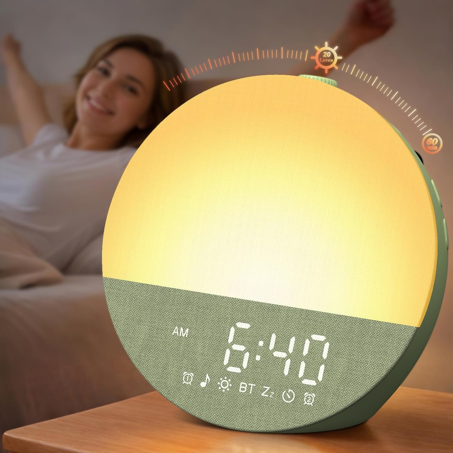 Gentle Wake-Up Sunrise Alarm Clock: 10-60 Min Gradual Light, 20-Level Brightness Enough Wake Up Heavy Sleepers – 30 Smoothing Sounds Machine Easy to Use (Green)