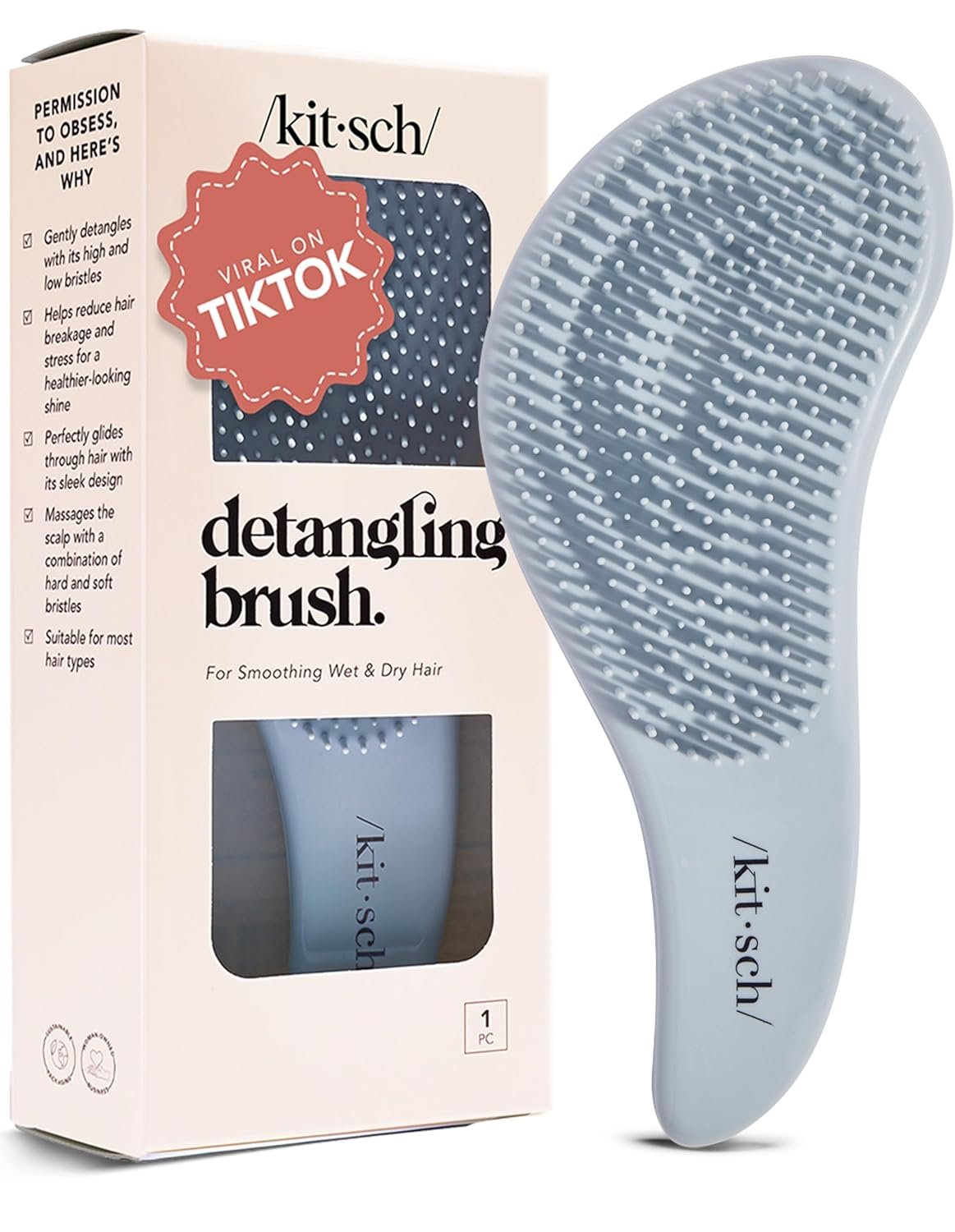Kitsch Detangler Brush – Gentle Curly Hair Brush with Flexible Bristles for All Hair Types – Wet or Dry | Detangling Hair Brushes for Women & Men, Hairbrush for Adults & Kids – Haze Blue