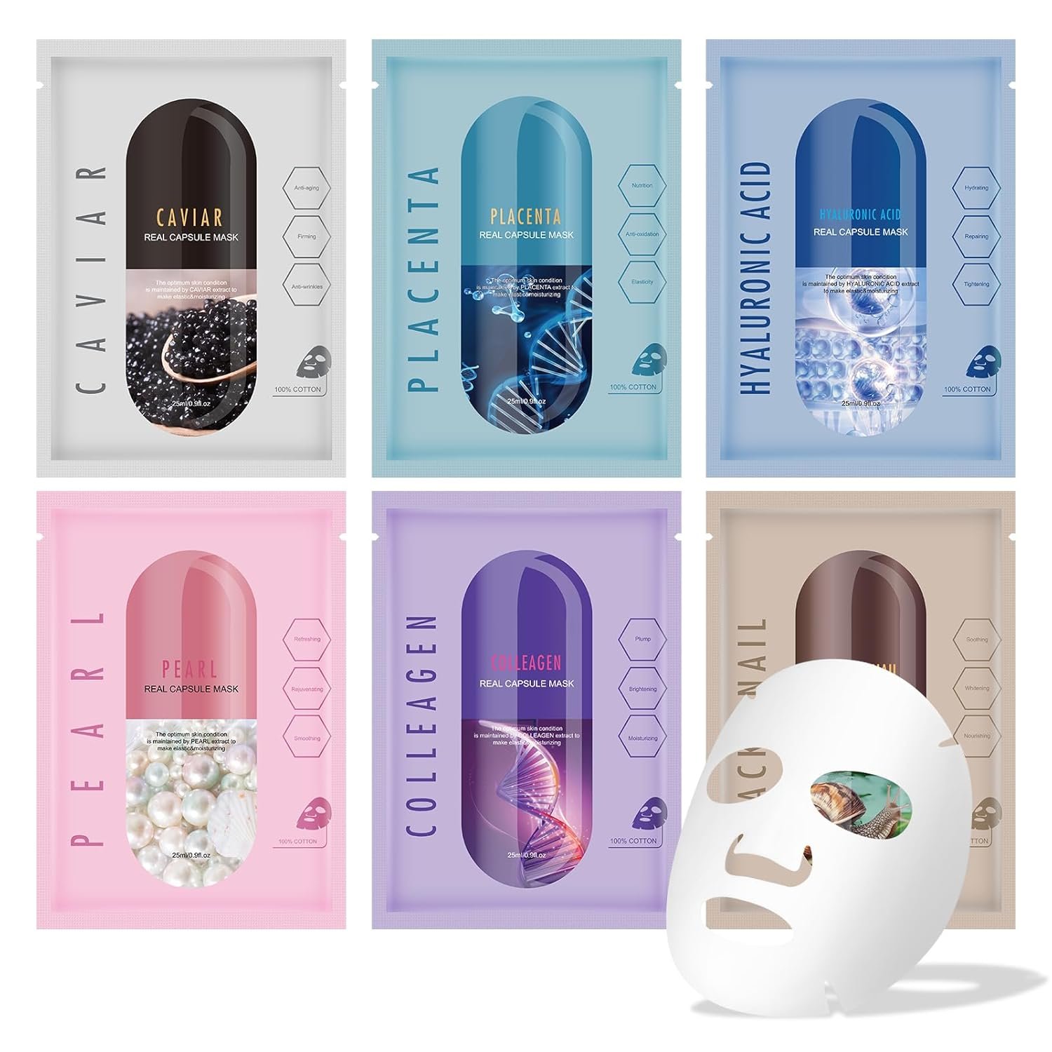 Face Masks Skincare Set for Women,Moisturizing Collagen Facial Masks for Women Face Spa,Hyaluronic Acid Face Mask for All Skin Types,Hydrating,Deep Cleaning,Oil Contral(6Pack)