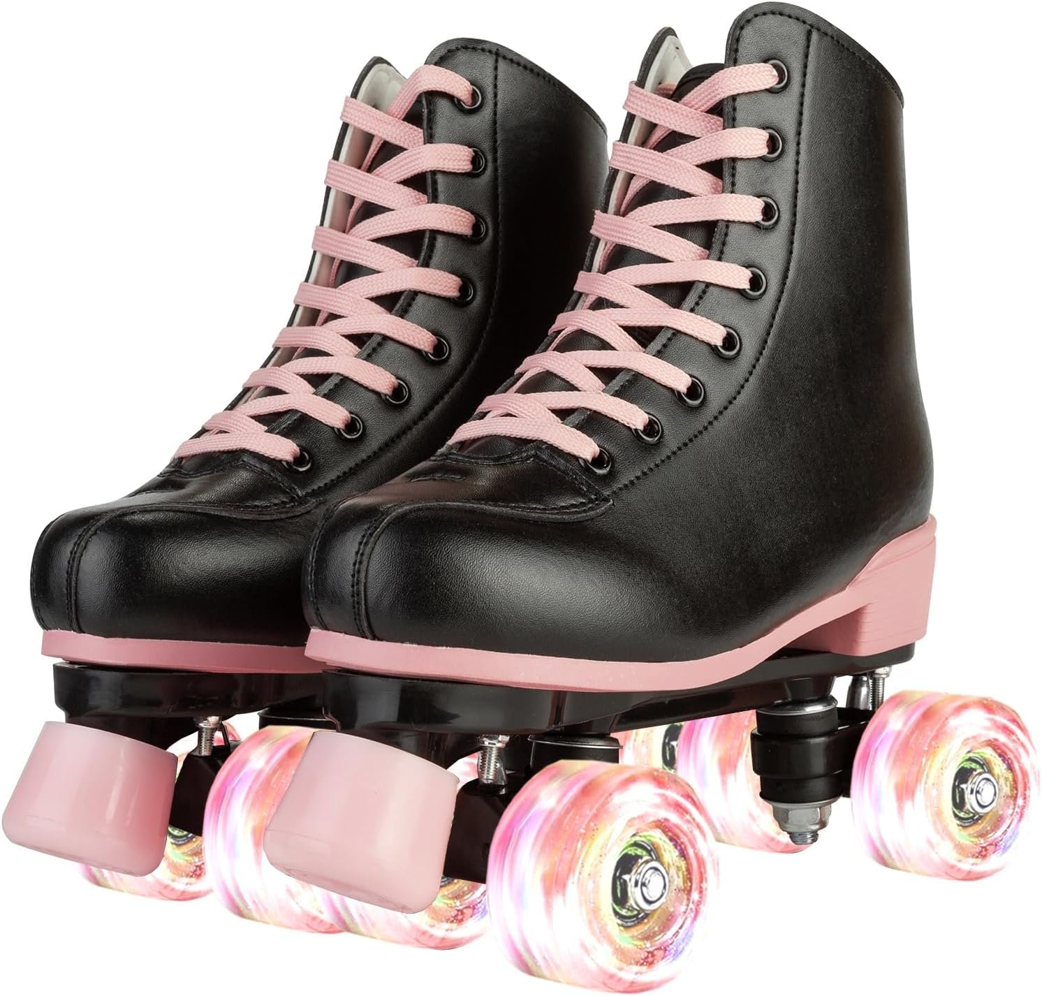 XUDREZ Roller Skates for Girls and Women, Stylish Black PU Leather Roller Skates with Pink Light Up Wheels, Indoor Outdoor Roller Skates for Youth Kids Girls Ages 8-12